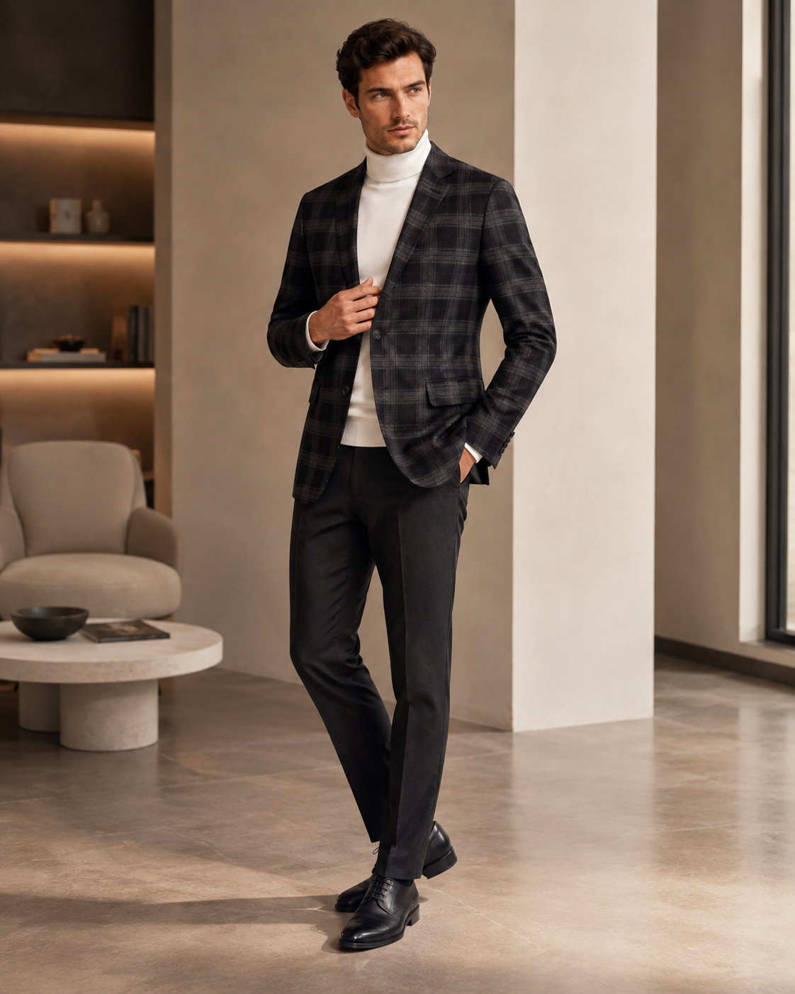 Men Dark Charcoal & Maroon Plaid Checked Single-Breasted Casual Blazer-3