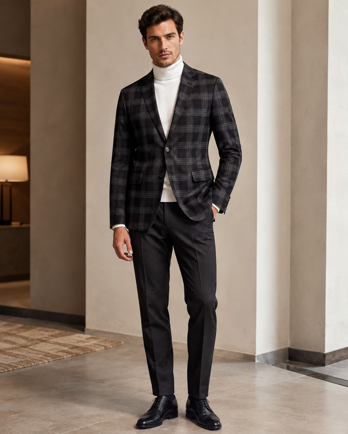 Men Dark Charcoal & Maroon Plaid Checked Single-Breasted Casual Blazer-5