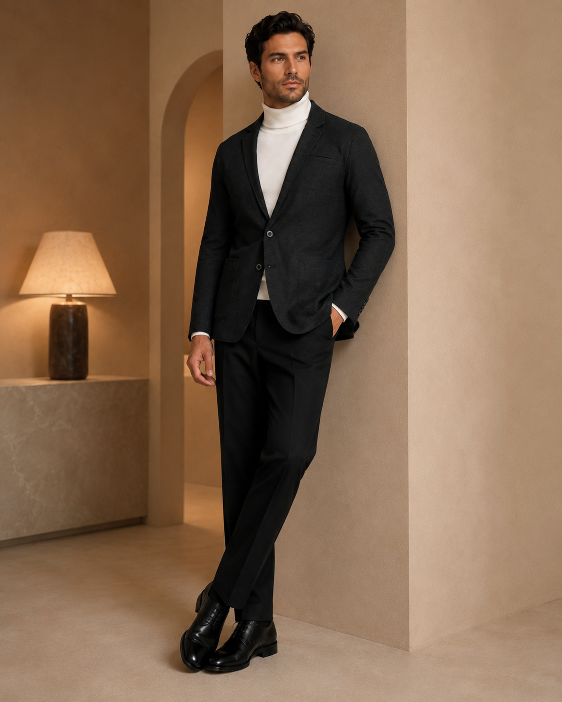 Men Black Self-Textured Single-Breasted Casual Blazer