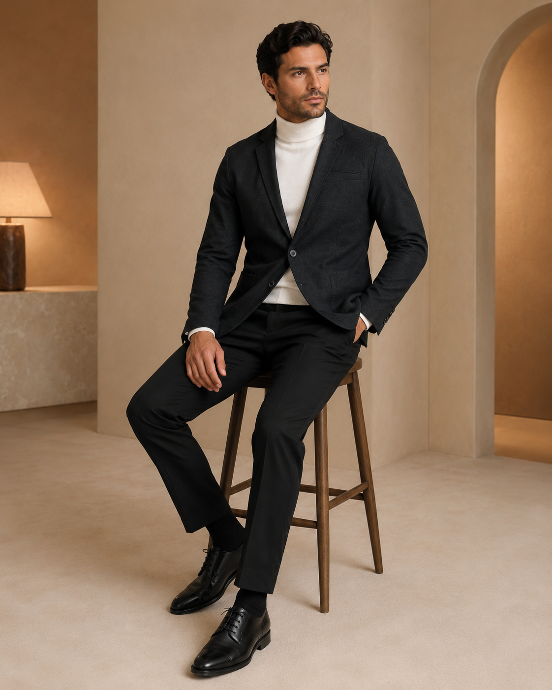 Men Black Self-Textured Single-Breasted Casual Blazer