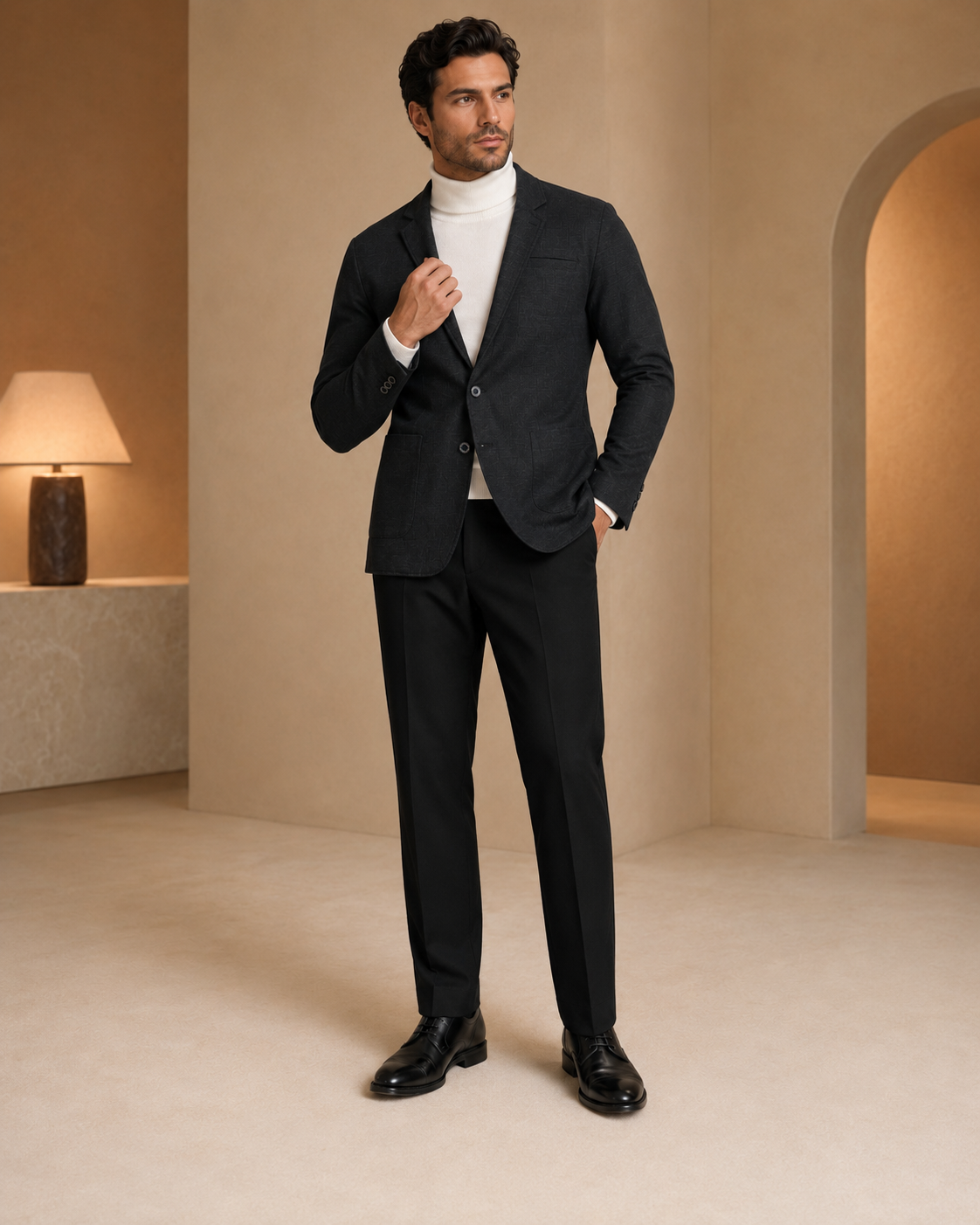 Men Black Self-Textured Single-Breasted Casual Blazer-4