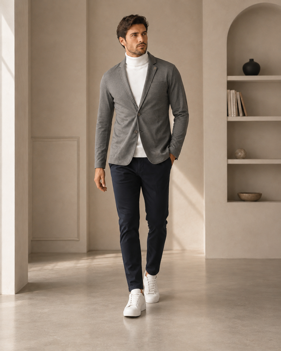 Men Grey Textured Single-Breasted Casual Blazer-4
