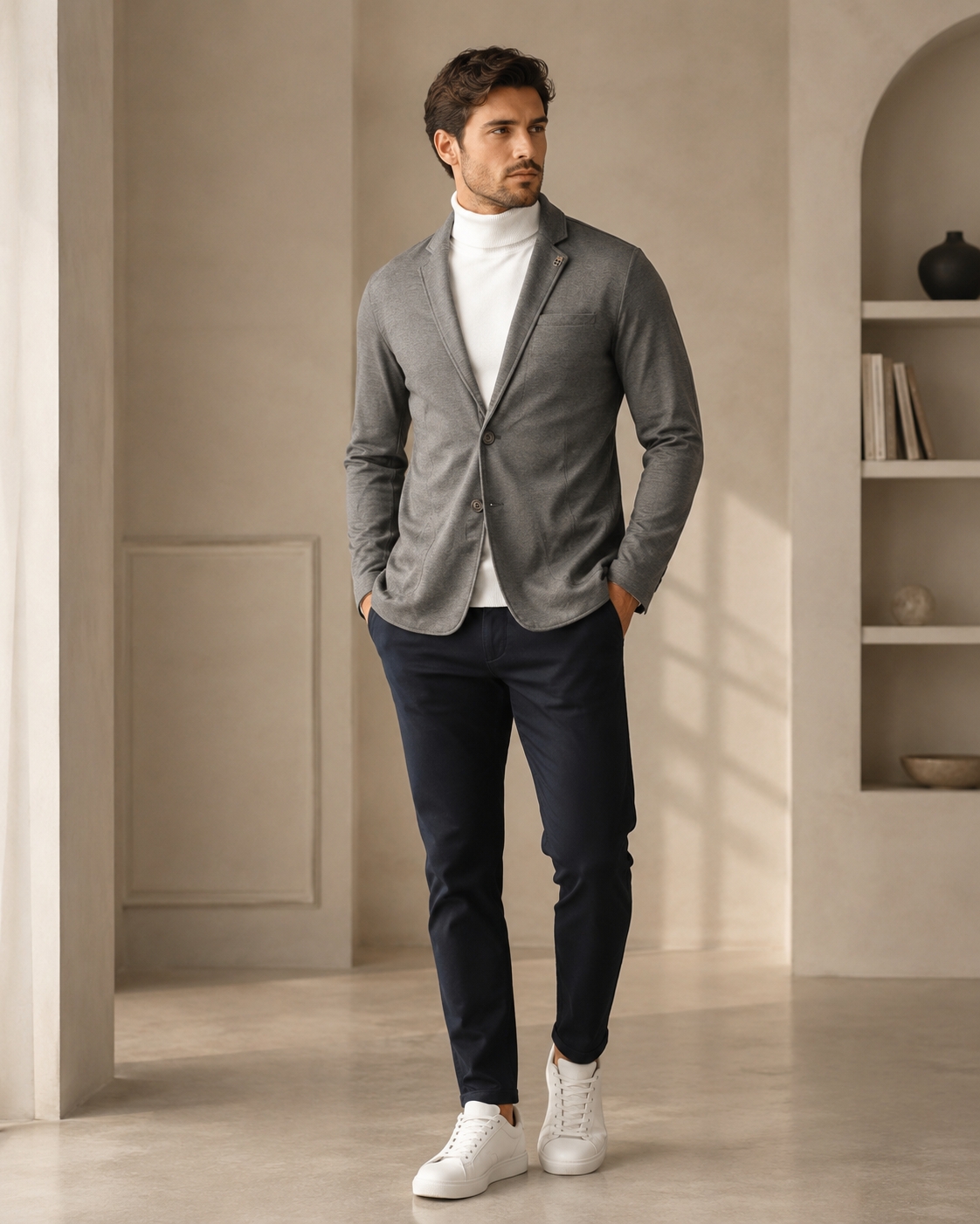 Men Grey Textured Single-Breasted Casual Blazer-5