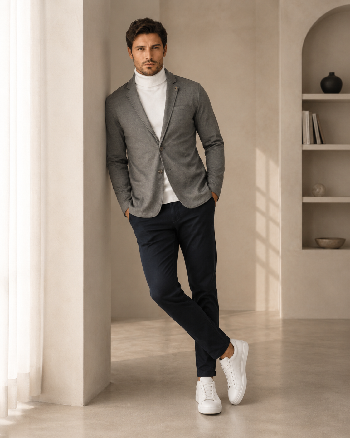 Men Grey Textured Single-Breasted Casual Blazer-3