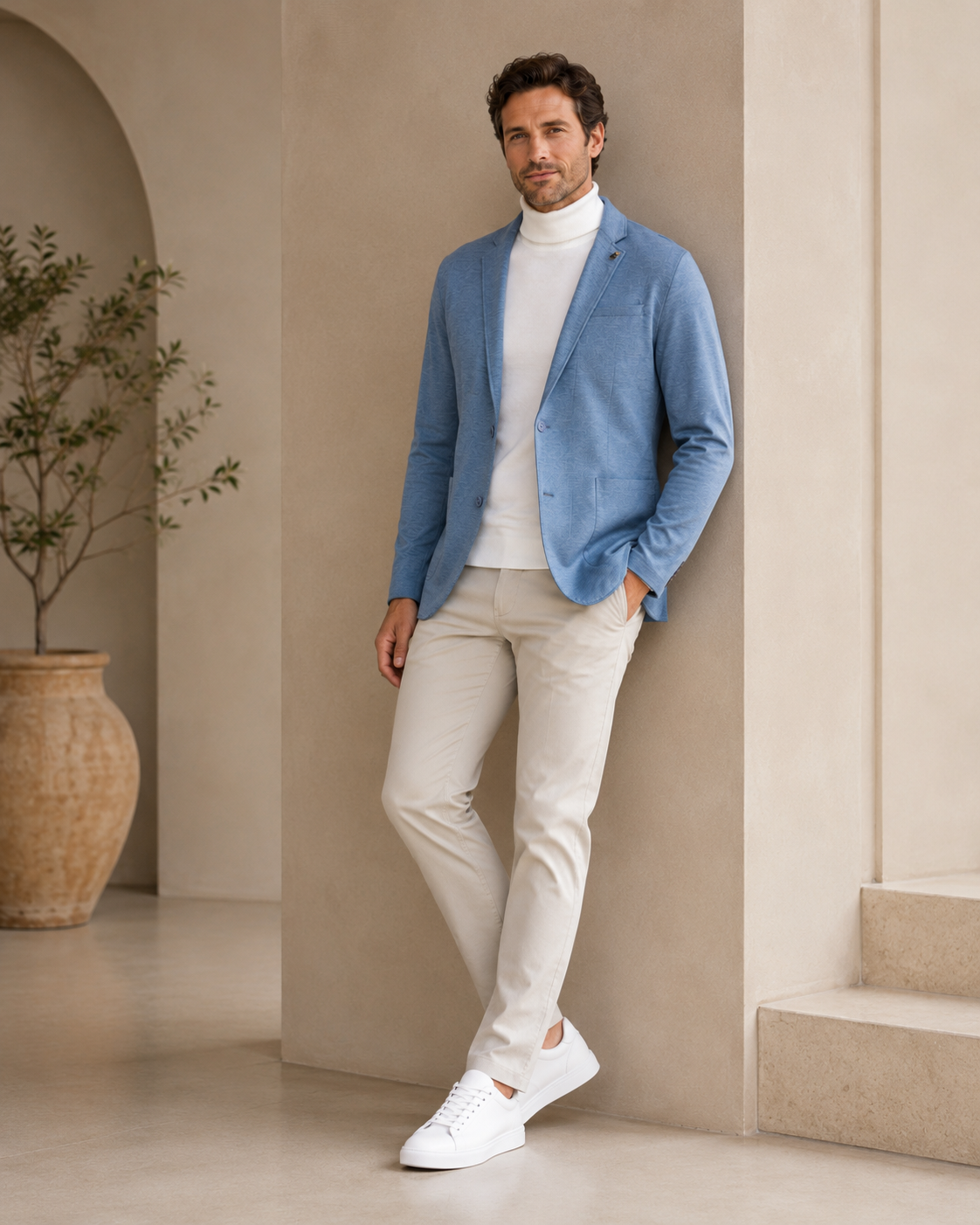 Men Sky Blue Textured Single-Breasted Casual Blazer