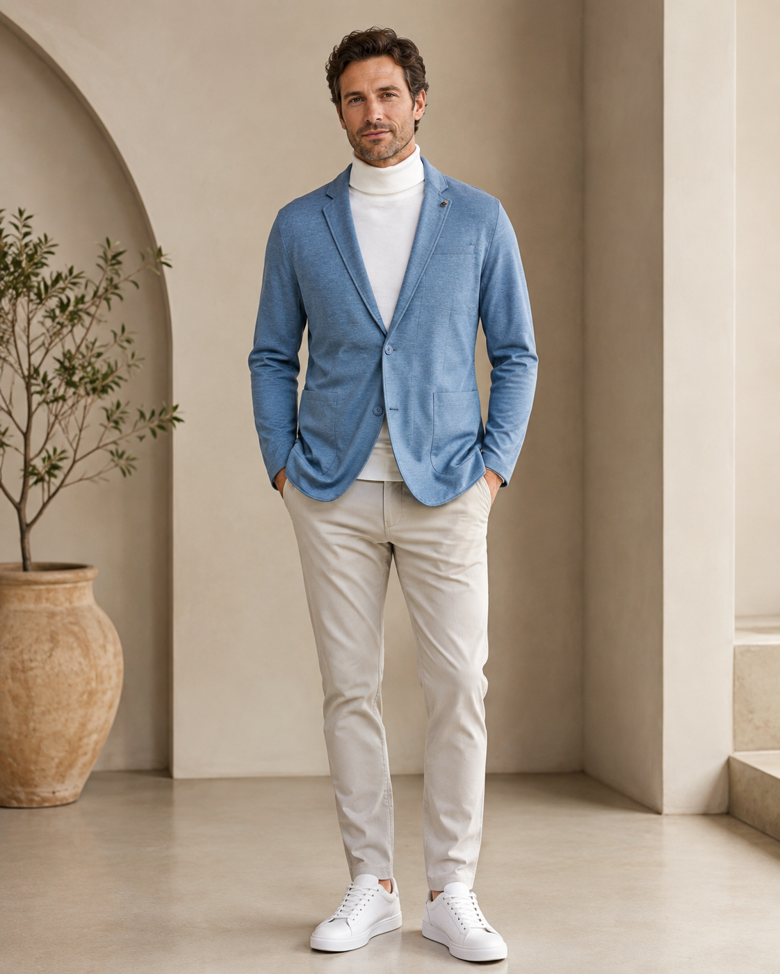Men Sky Blue Textured Single-Breasted Casual Blazer-4