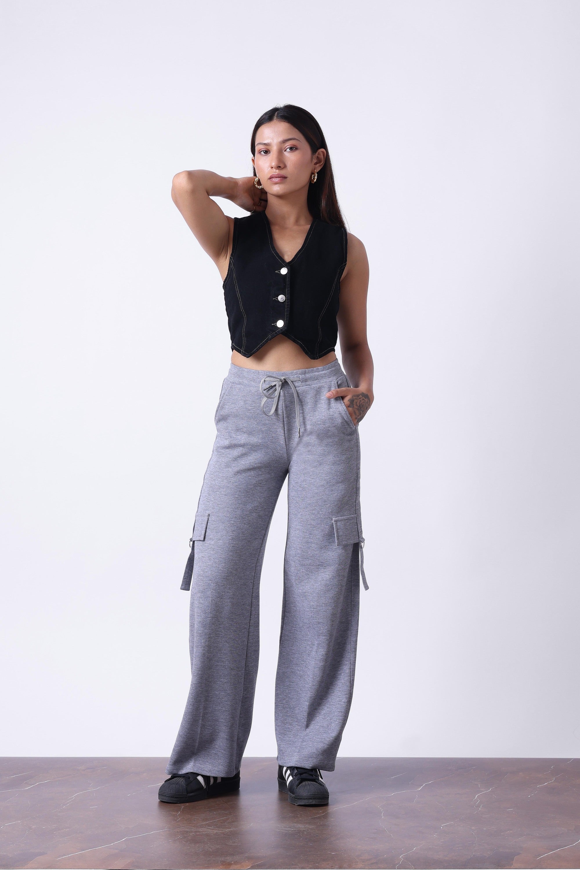 LIGHT GREY MELANGE WIDE LEG TRACK PANTS-4