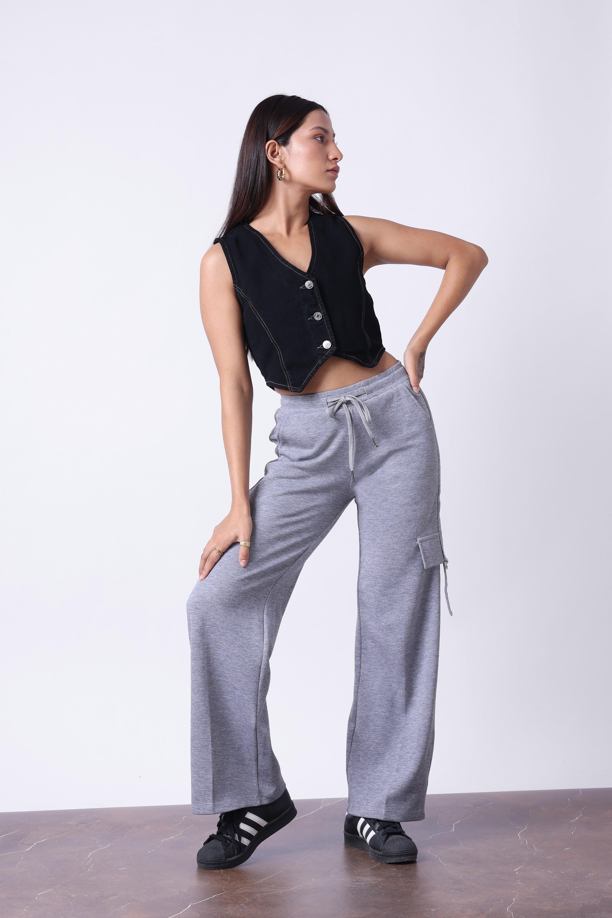 LIGHT GREY MELANGE WIDE LEG TRACK PANTS-6