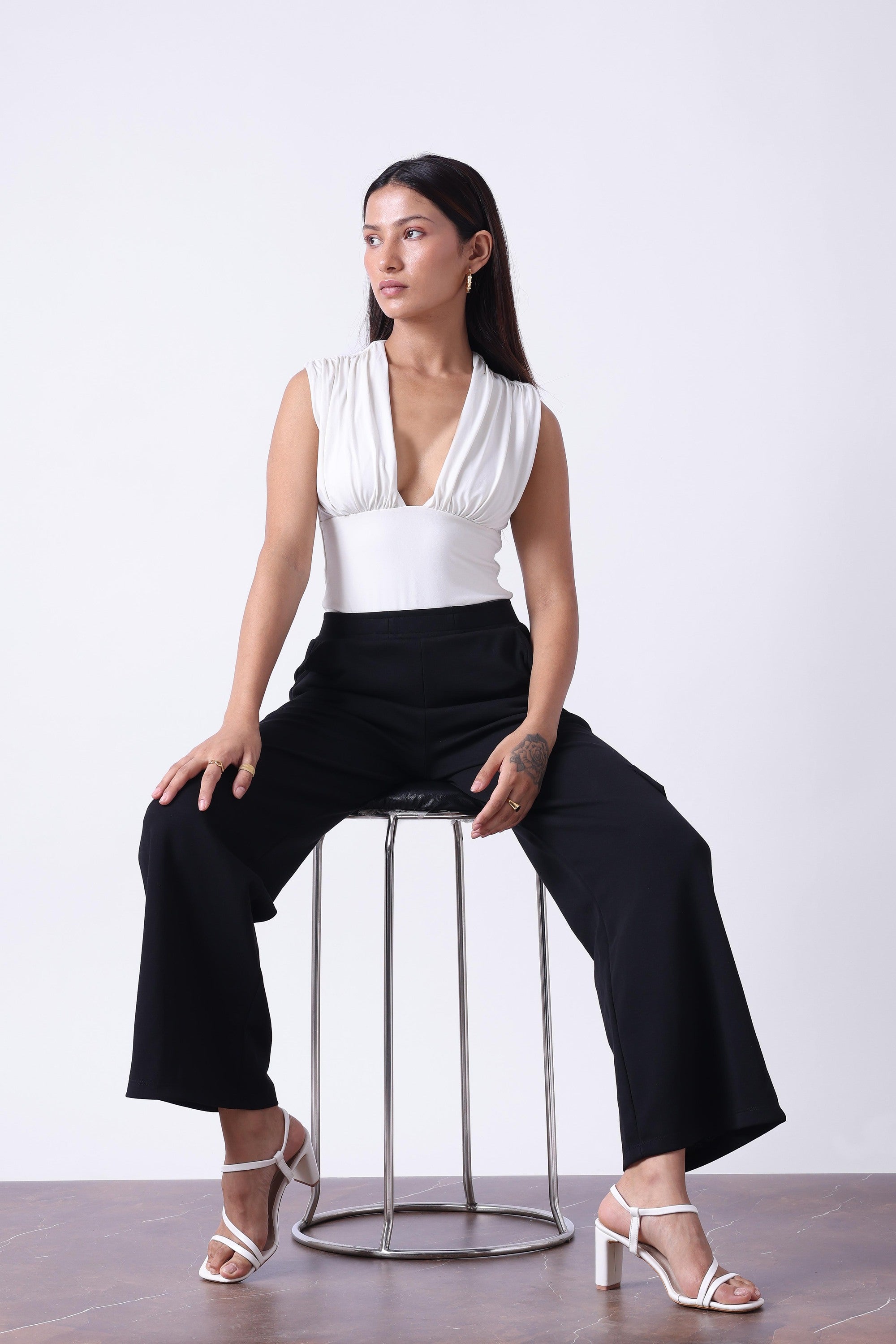 BLACK MELANGE WIDE LEG TRACK PANTS-5