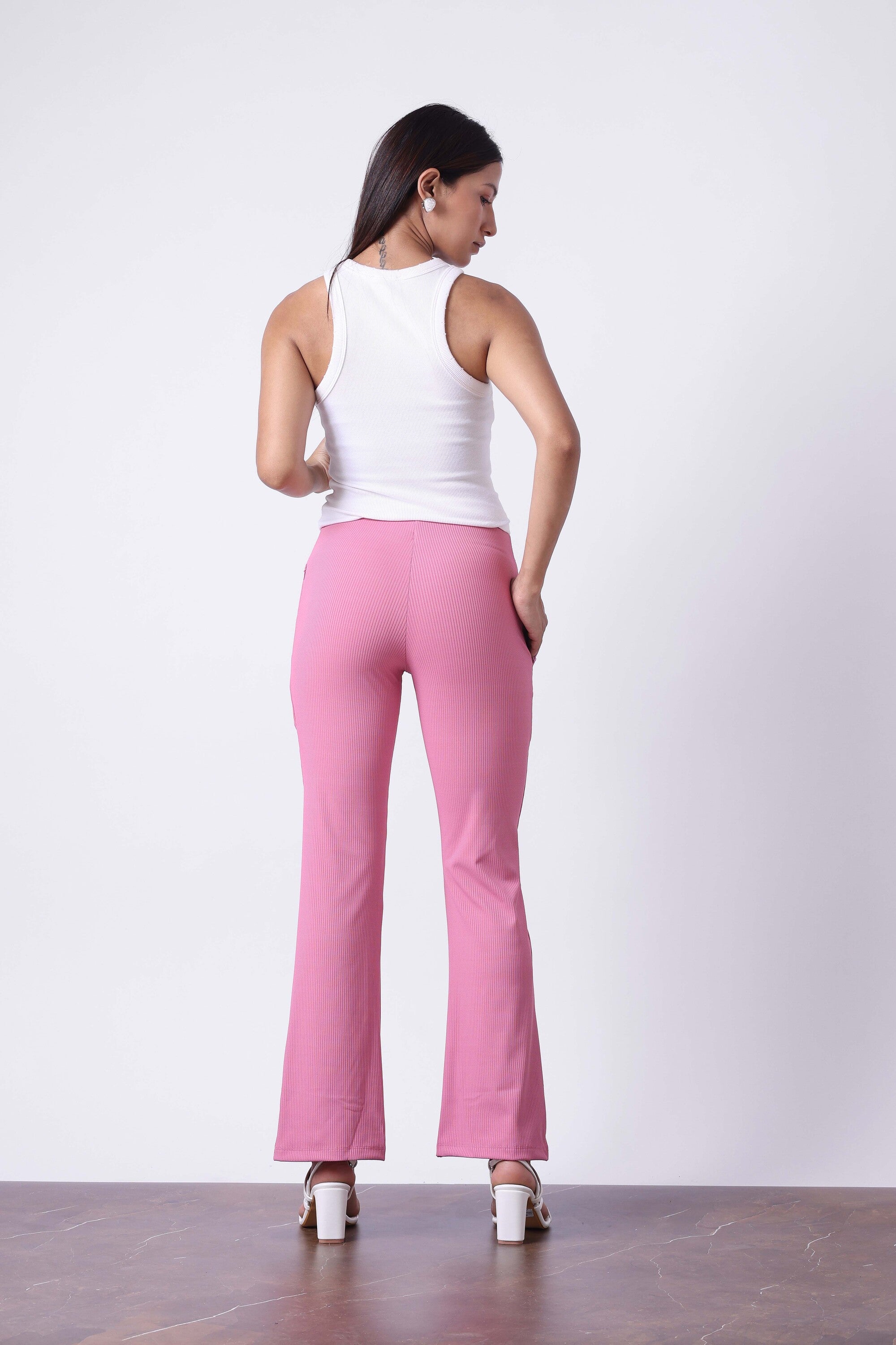PINK MID RISE FLARE PANTS-5