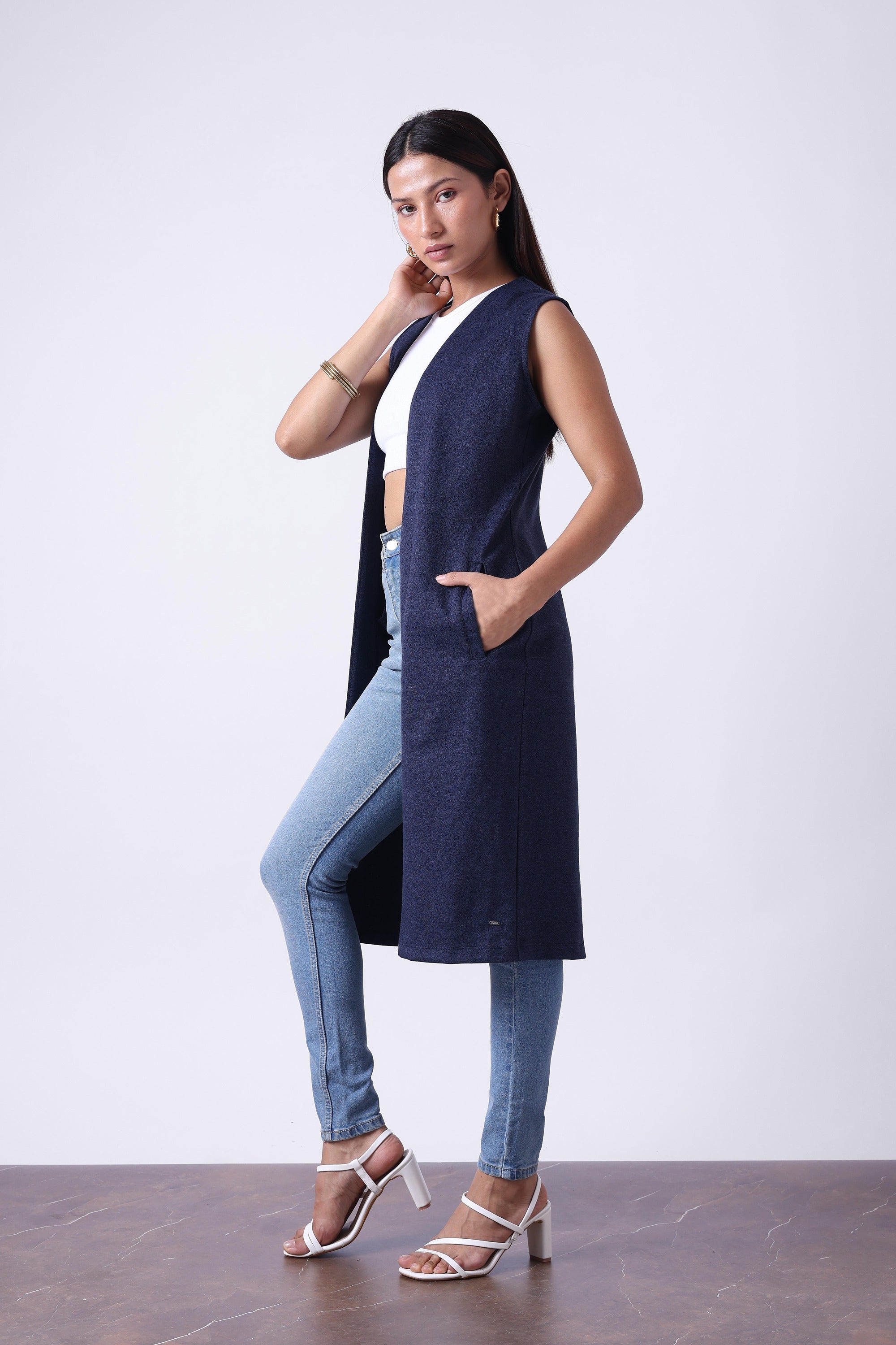Melange Long Length Sleeveless Cardigan