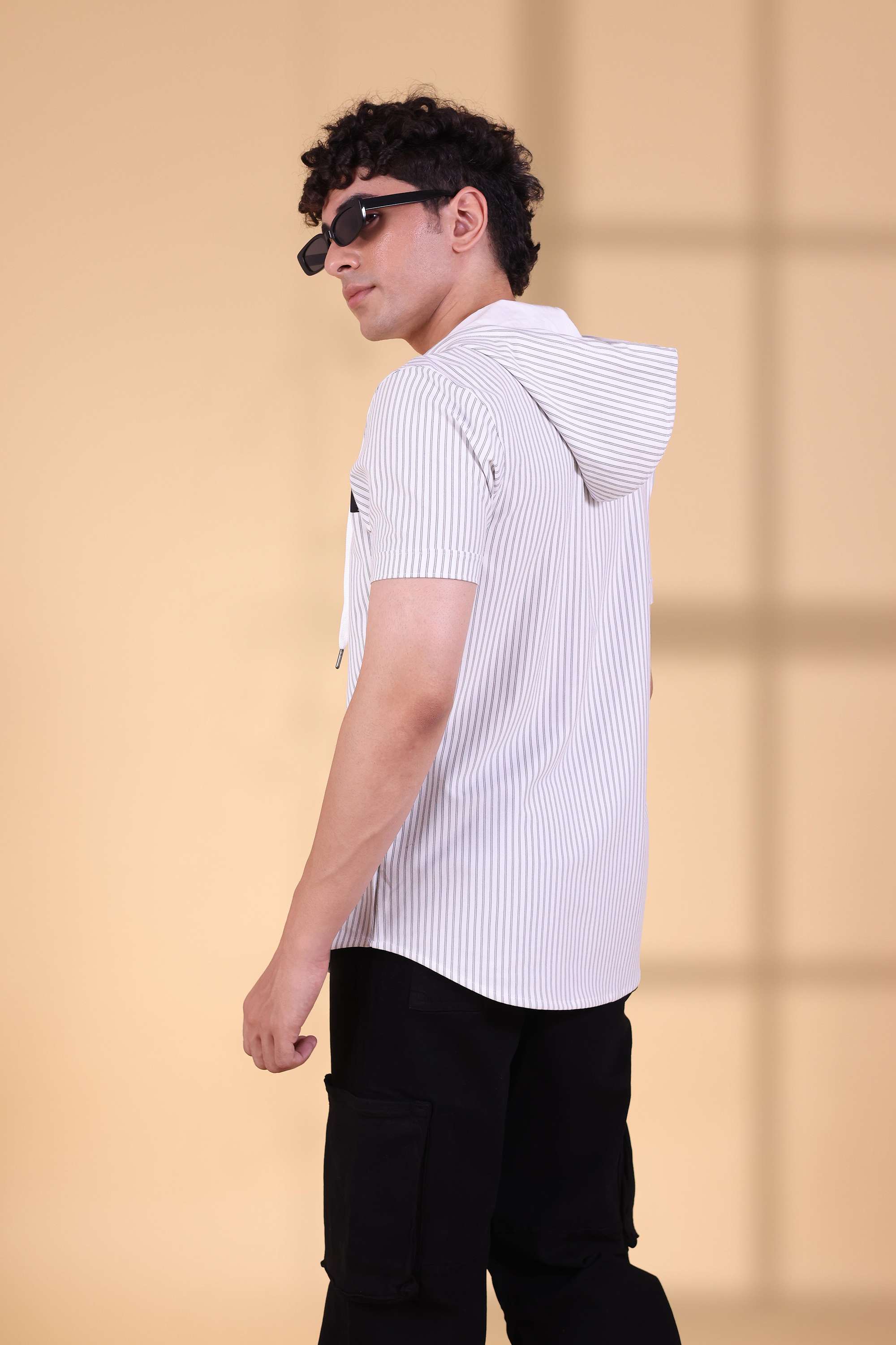 WHITE STRIPED HOODY HALF SLEEVE SHIRT-4