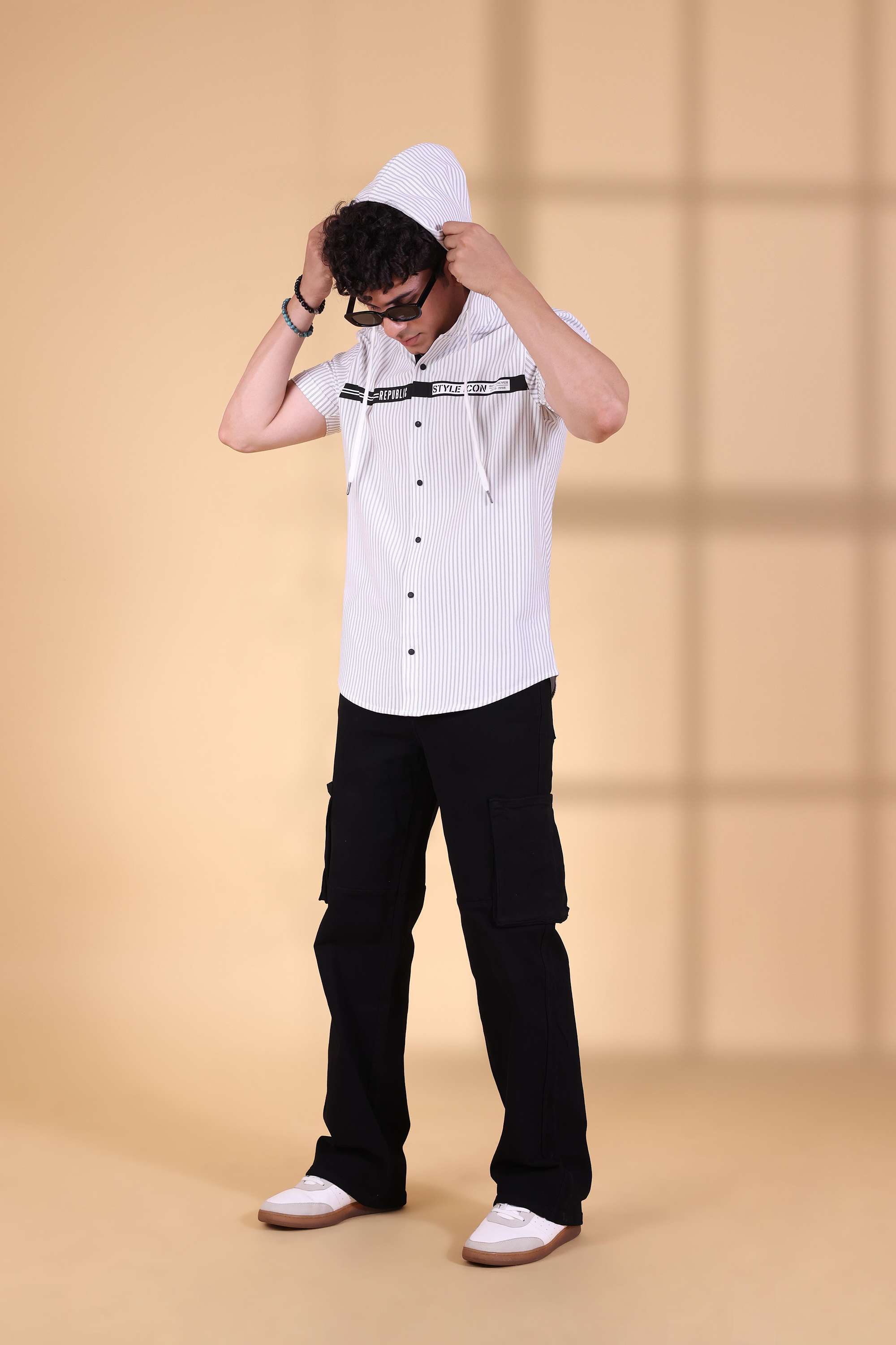 WHITE STRIPED HOODY HALF SLEEVE SHIRT-3