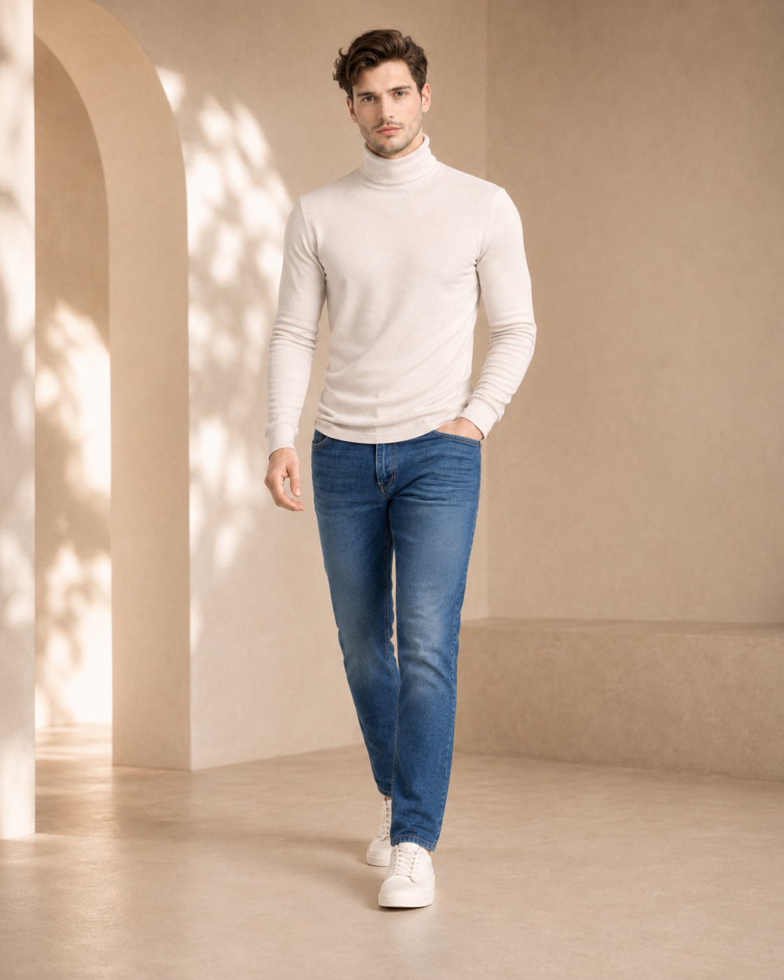 Beige Turtleneck High Neck Full Sleeve T-Shirt-3