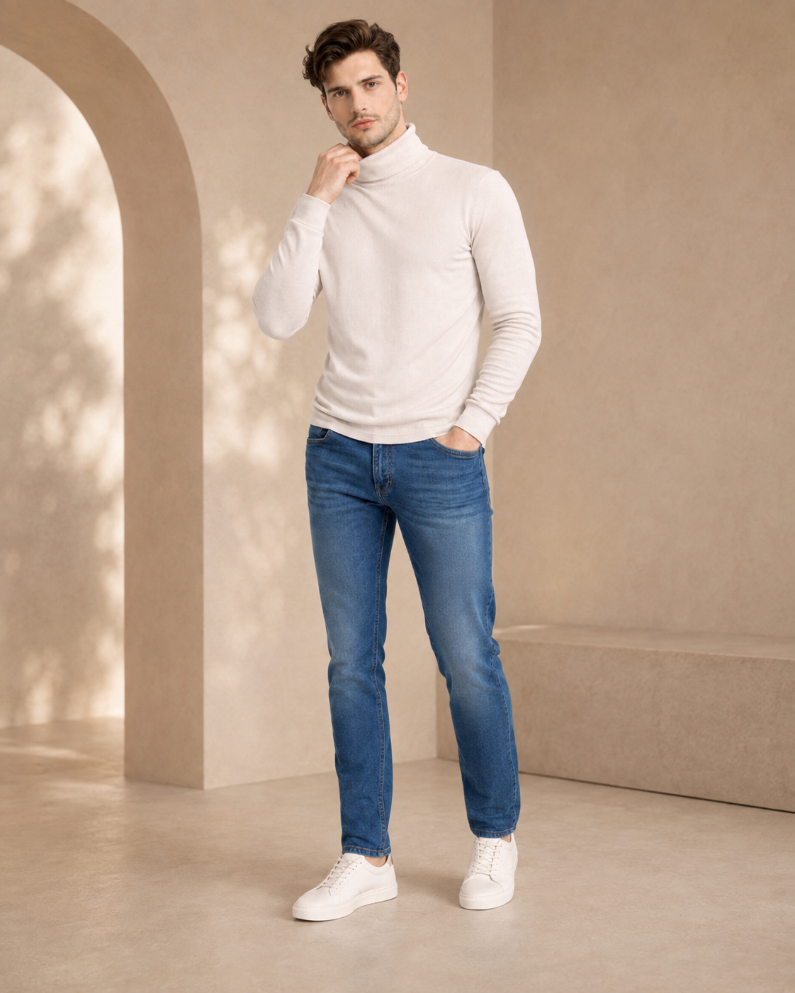 Beige Turtleneck High Neck Full Sleeve T-Shirt-4