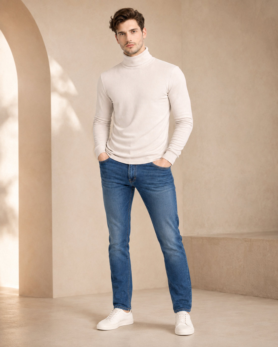 Beige Turtleneck High Neck Full Sleeve T-Shirt-5