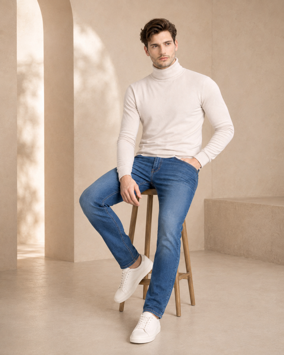 Beige Turtleneck High Neck Full Sleeve T-Shirt