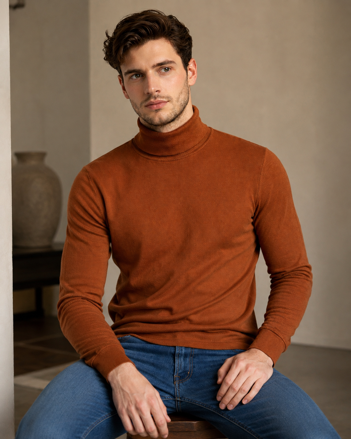 Tobacco Brown Turtleneck High Neck Full Sleeve T-Shirt-4