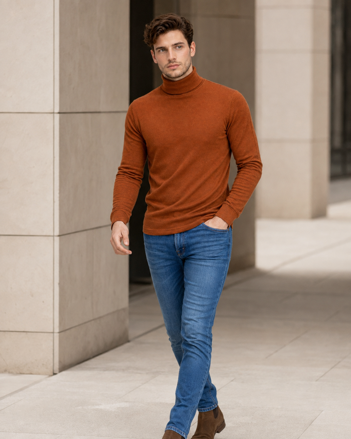 Tobacco Brown Turtleneck High Neck Full Sleeve T-Shirt-5