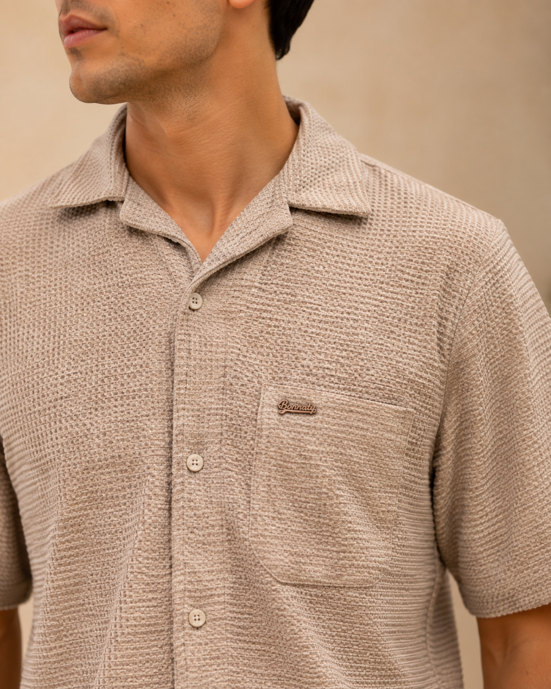 Men Beige Textured Knit Shirt & Trousers Co-ord Set