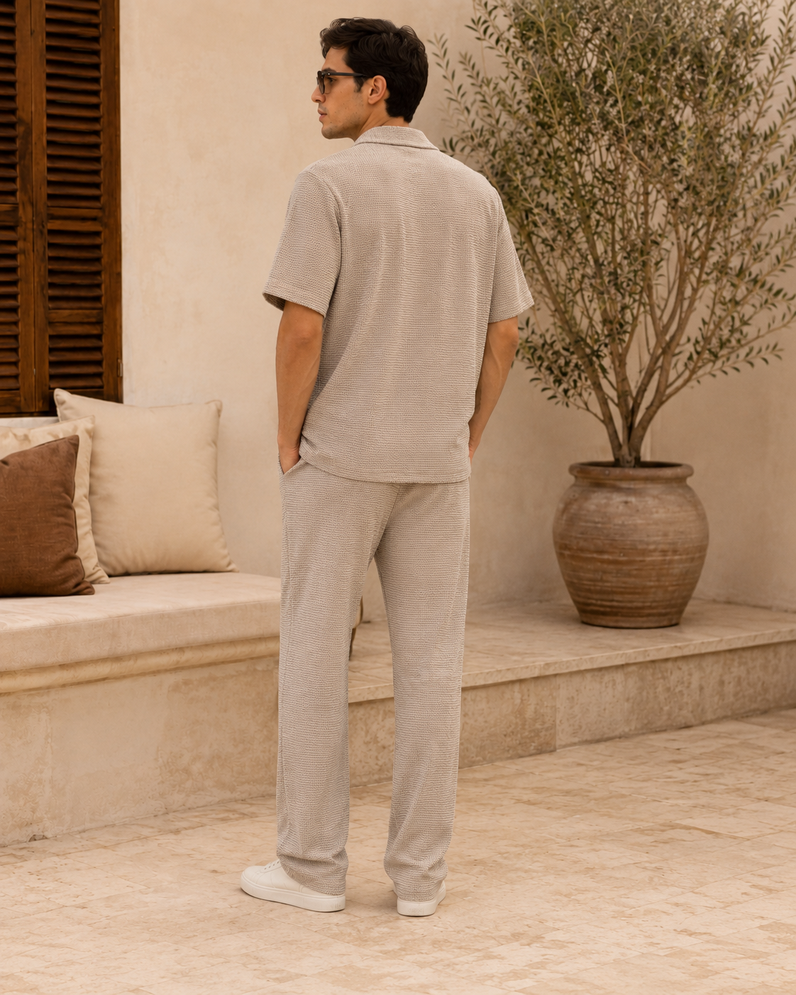 Men Beige Textured Knit Shirt & Trousers Co-ord Set-3