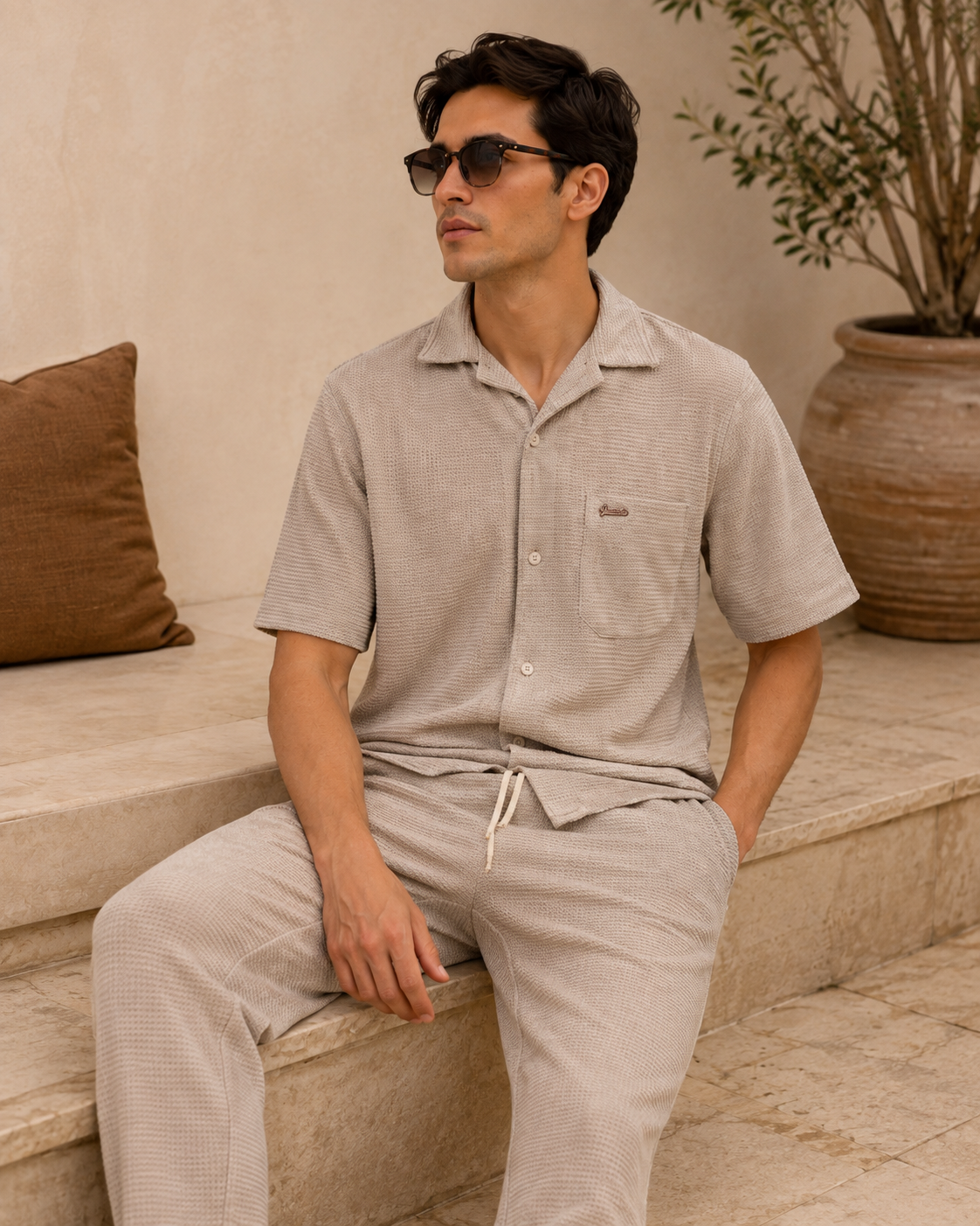 Men Beige Textured Knit Shirt & Trousers Co-ord Set-5