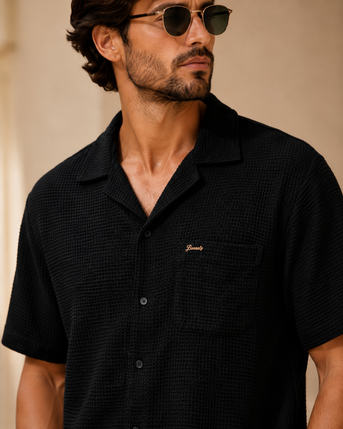 Men Black Textured Knit Shirt & Trousers Co-ord Set-3