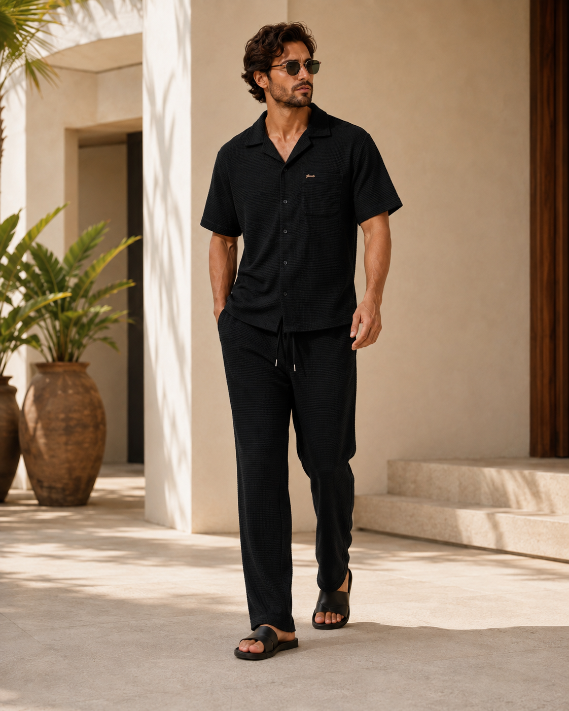Men Black Textured Knit Shirt & Trousers Co-ord Set-4
