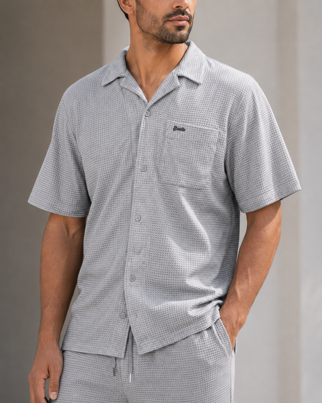 Men Cement Grey Textured Knit Shirt & Trousers Co-ord Set-3