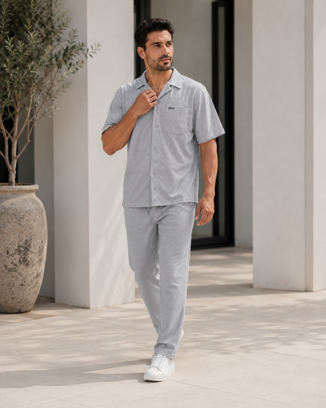Men Cement Grey Textured Knit Shirt & Trousers Co-ord Set-4