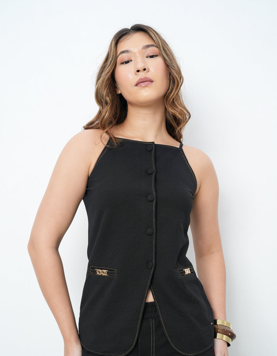 Knitted Black Denim Sleeveless Top-6