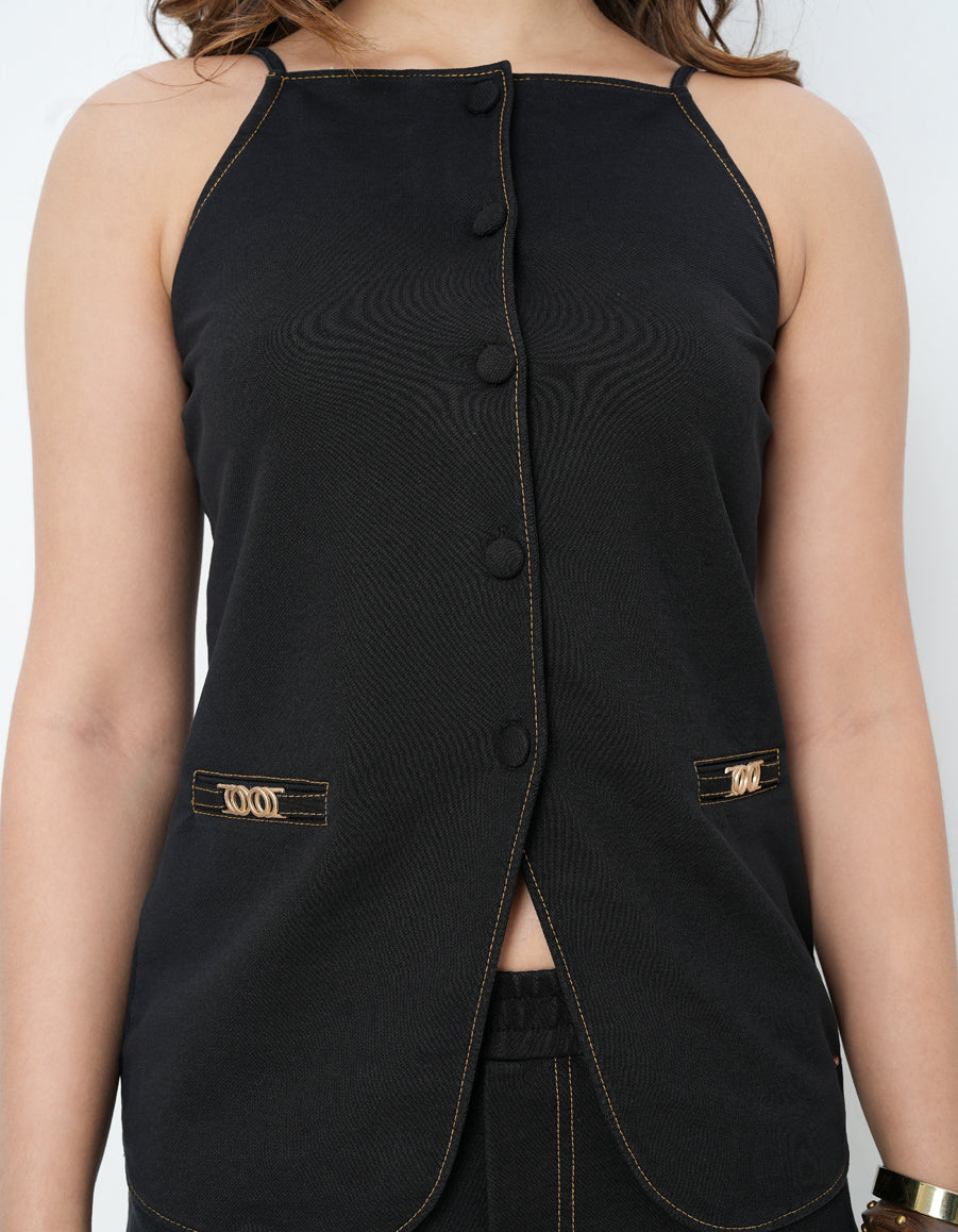 Knitted Black Denim Sleeveless Top
