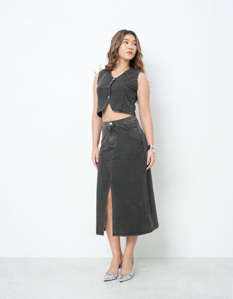 Waist Coat & Skirt Black Denim Co-Ords-5