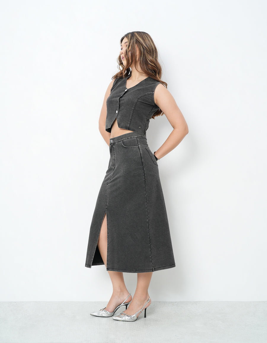 Waist Coat & Skirt Black Denim Co-Ords-7