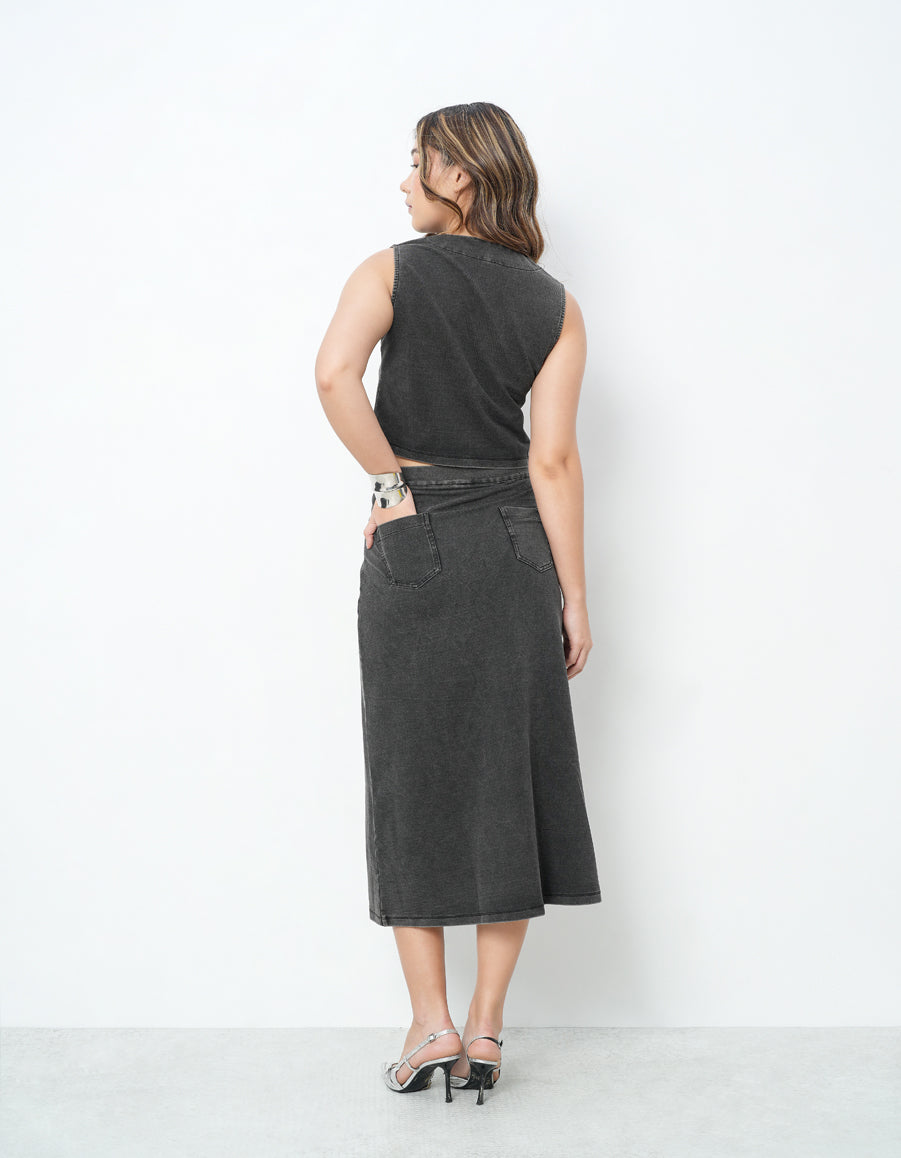 Waist Coat & Skirt Black Denim Co-Ords-9