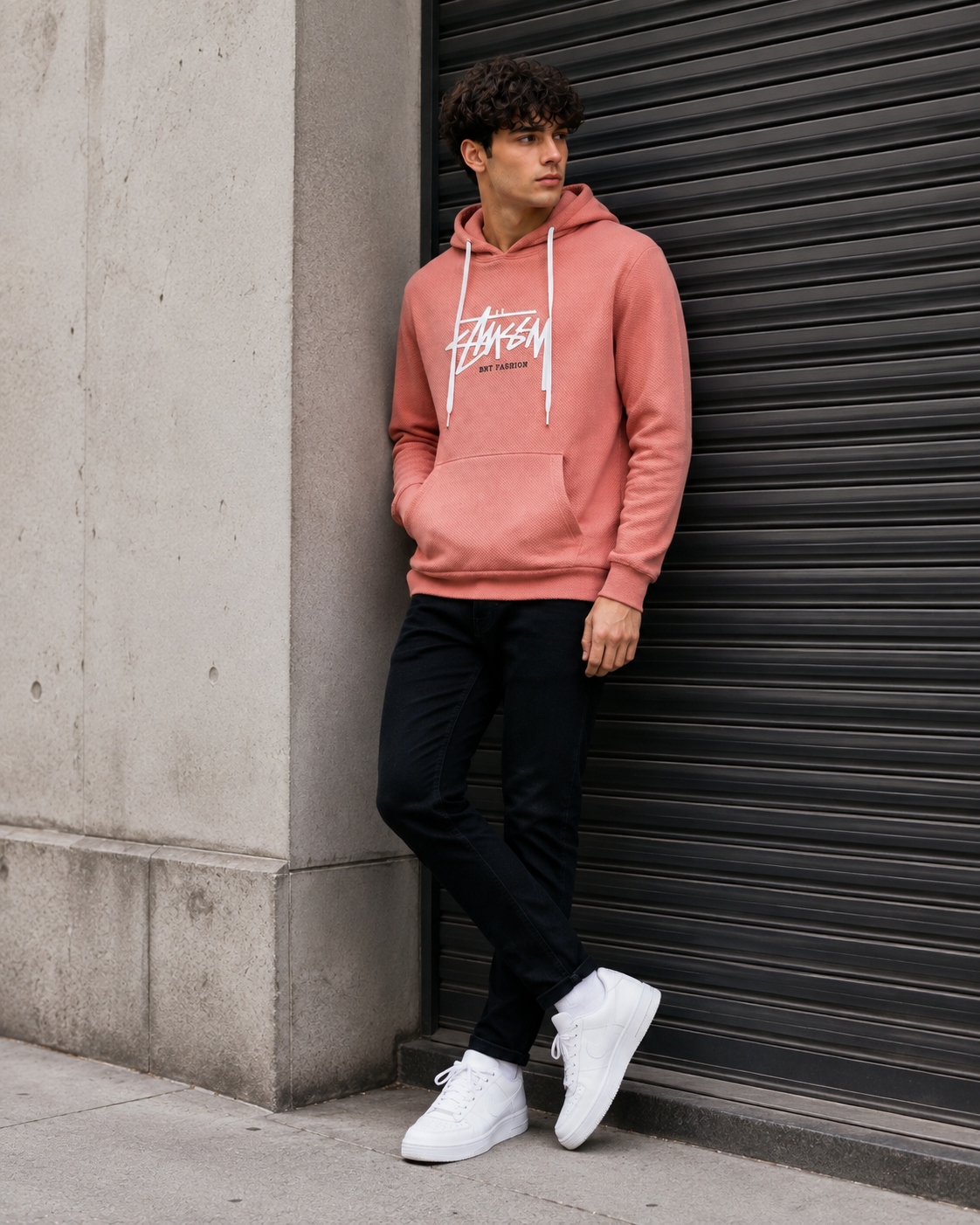 Men Peach Textured Graphic Printed Hooded Sweatshirt-3
