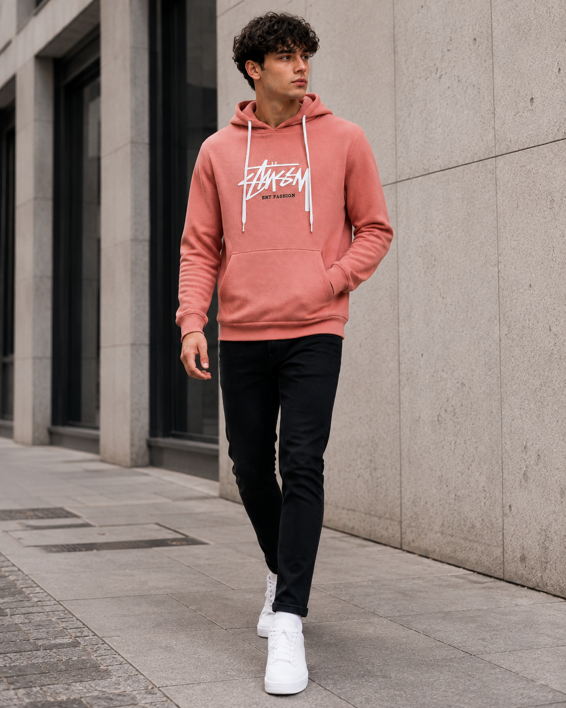 Men Peach Textured Graphic Printed Hooded Sweatshirt-4