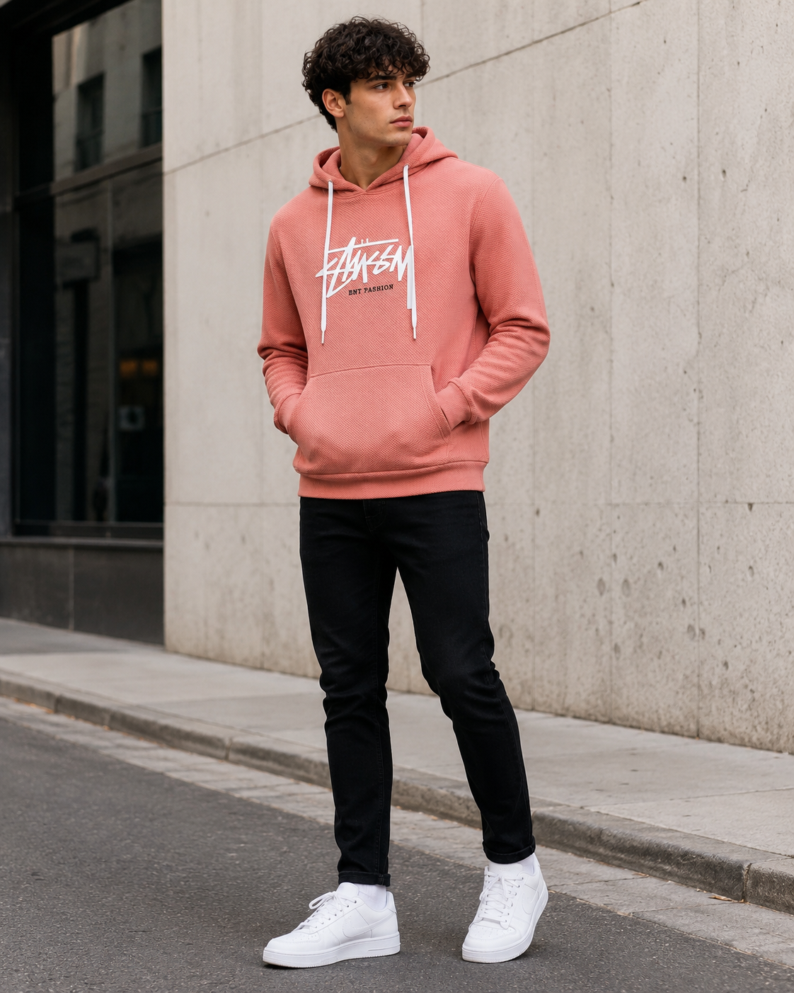 Men Peach Textured Graphic Printed Hooded Sweatshirt-5