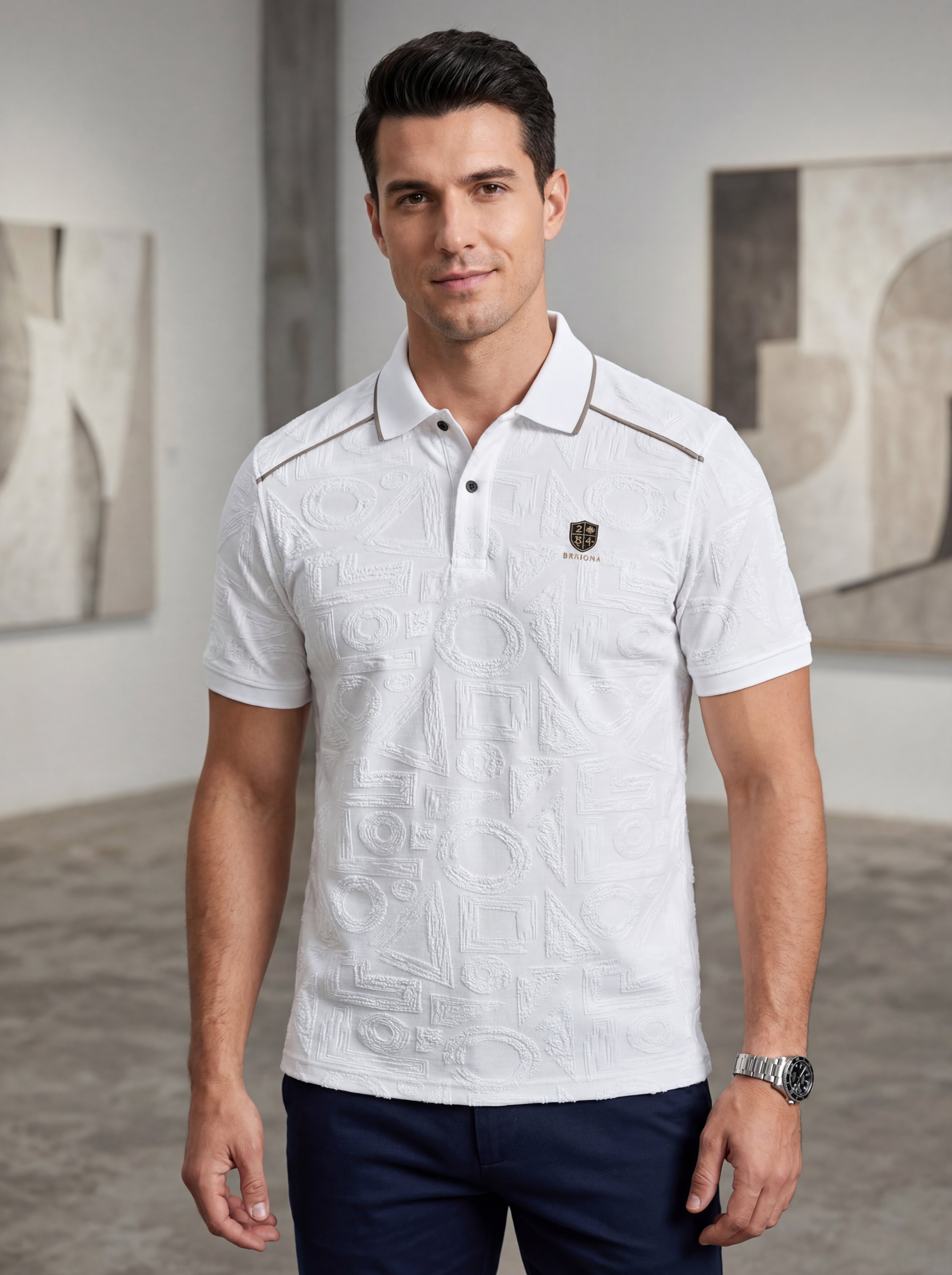 Bonnaty Geometric Textured Knit Polo White T-Shirt-4