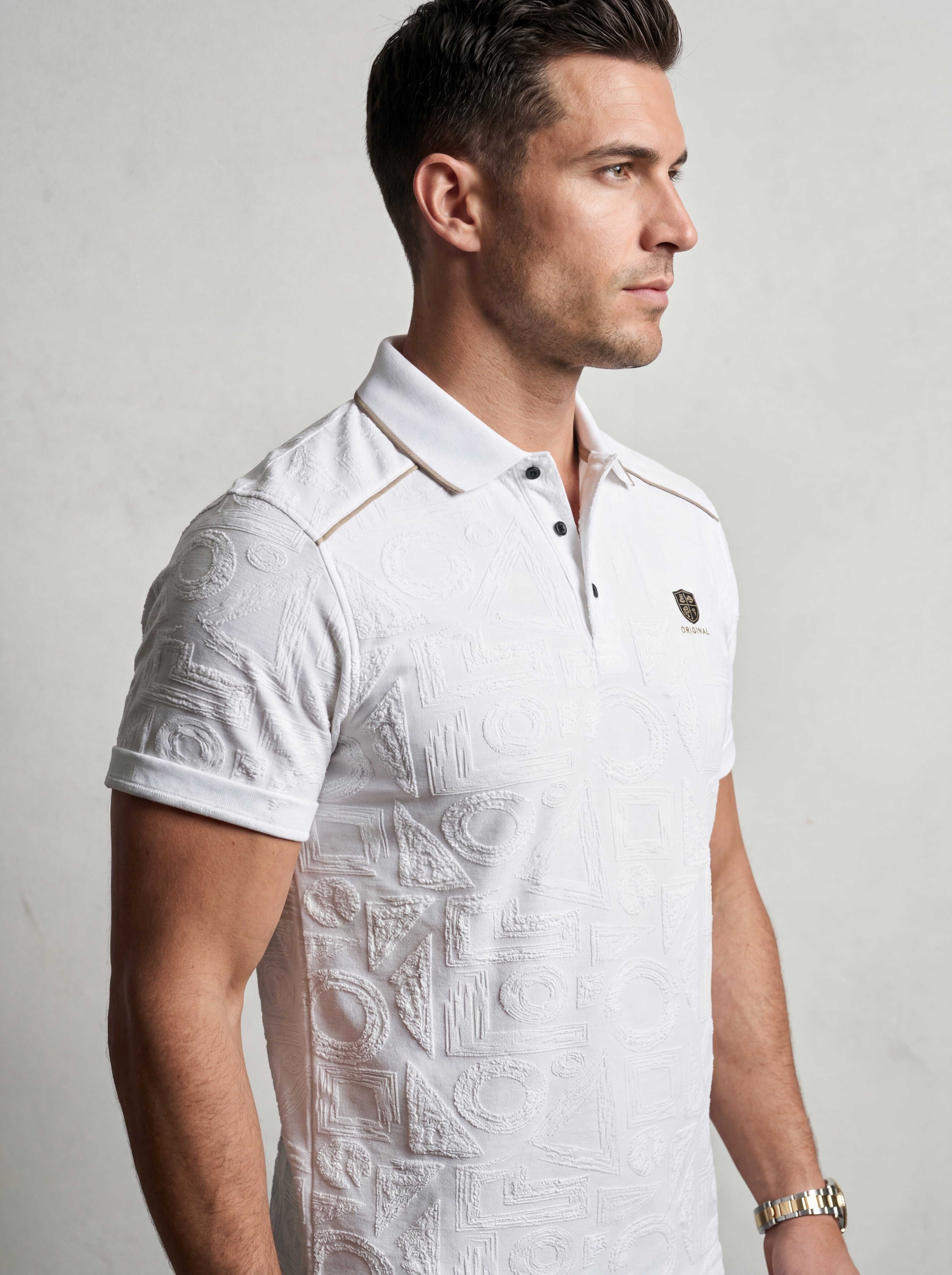 Bonnaty Geometric Textured Knit Polo White T-Shirt-5