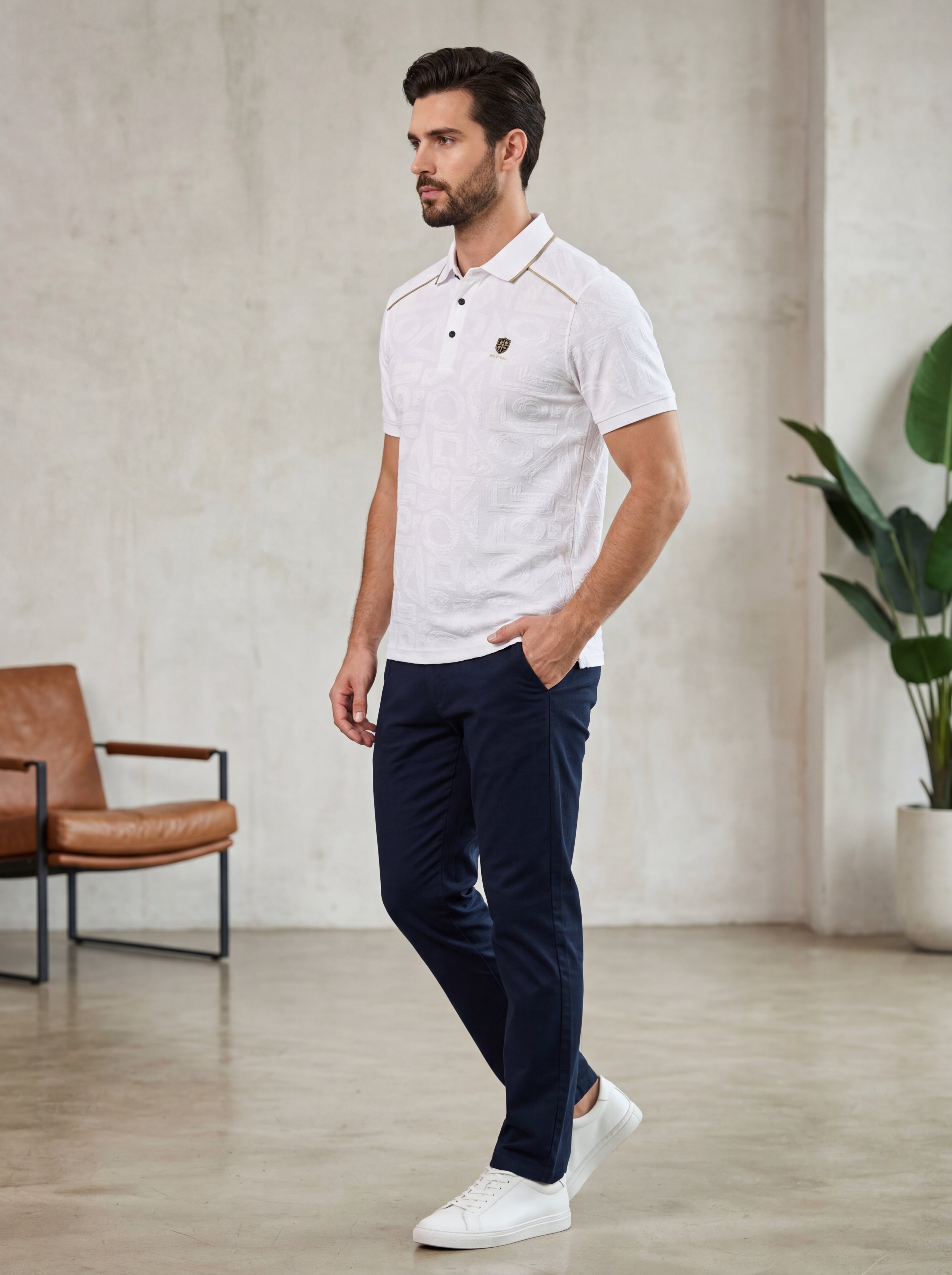 Bonnaty Geometric Textured Knit Polo White T-Shirt-6