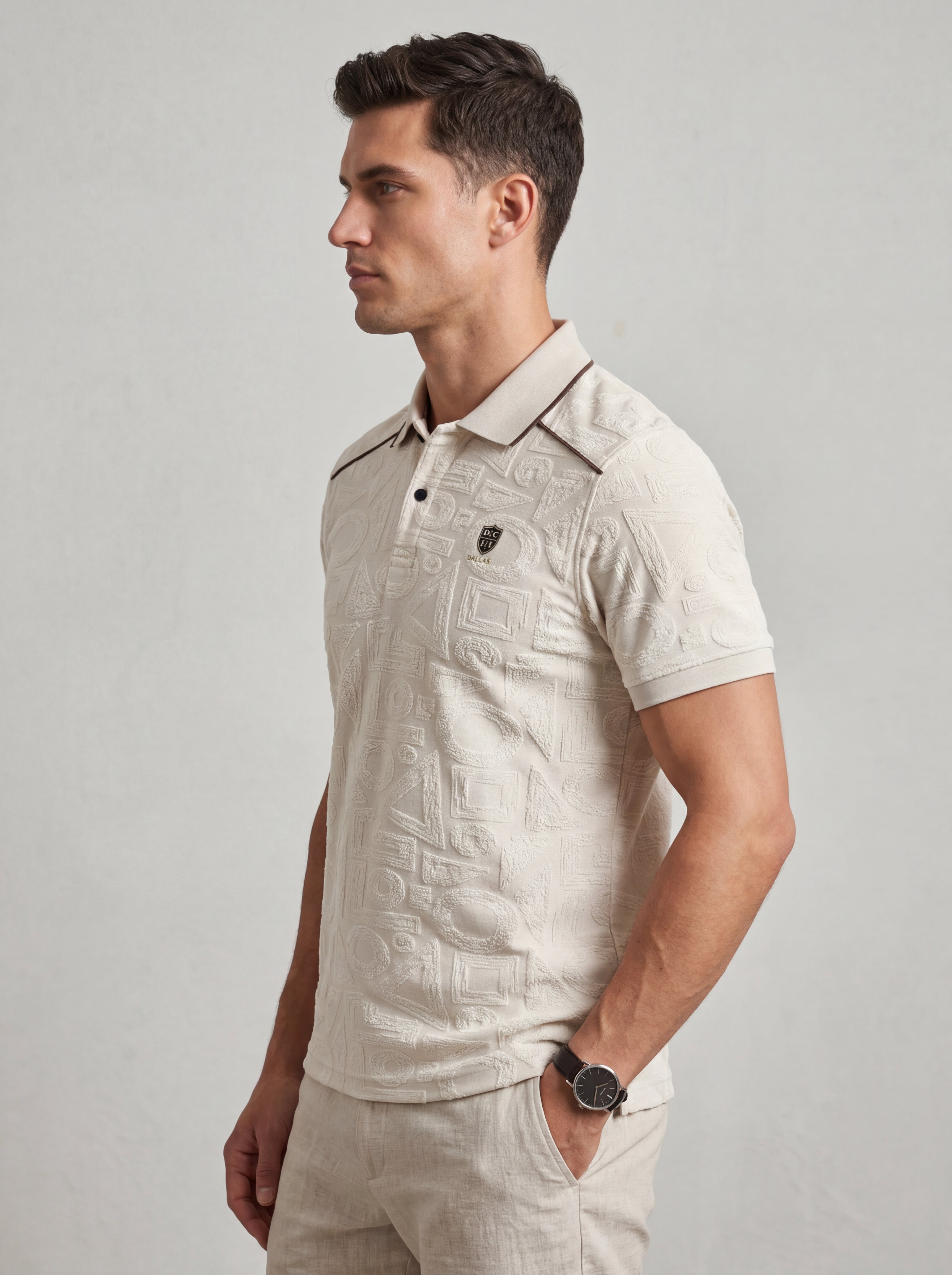 Bonnaty Geometric Textured Knit Polo Beige T-Shirt-4