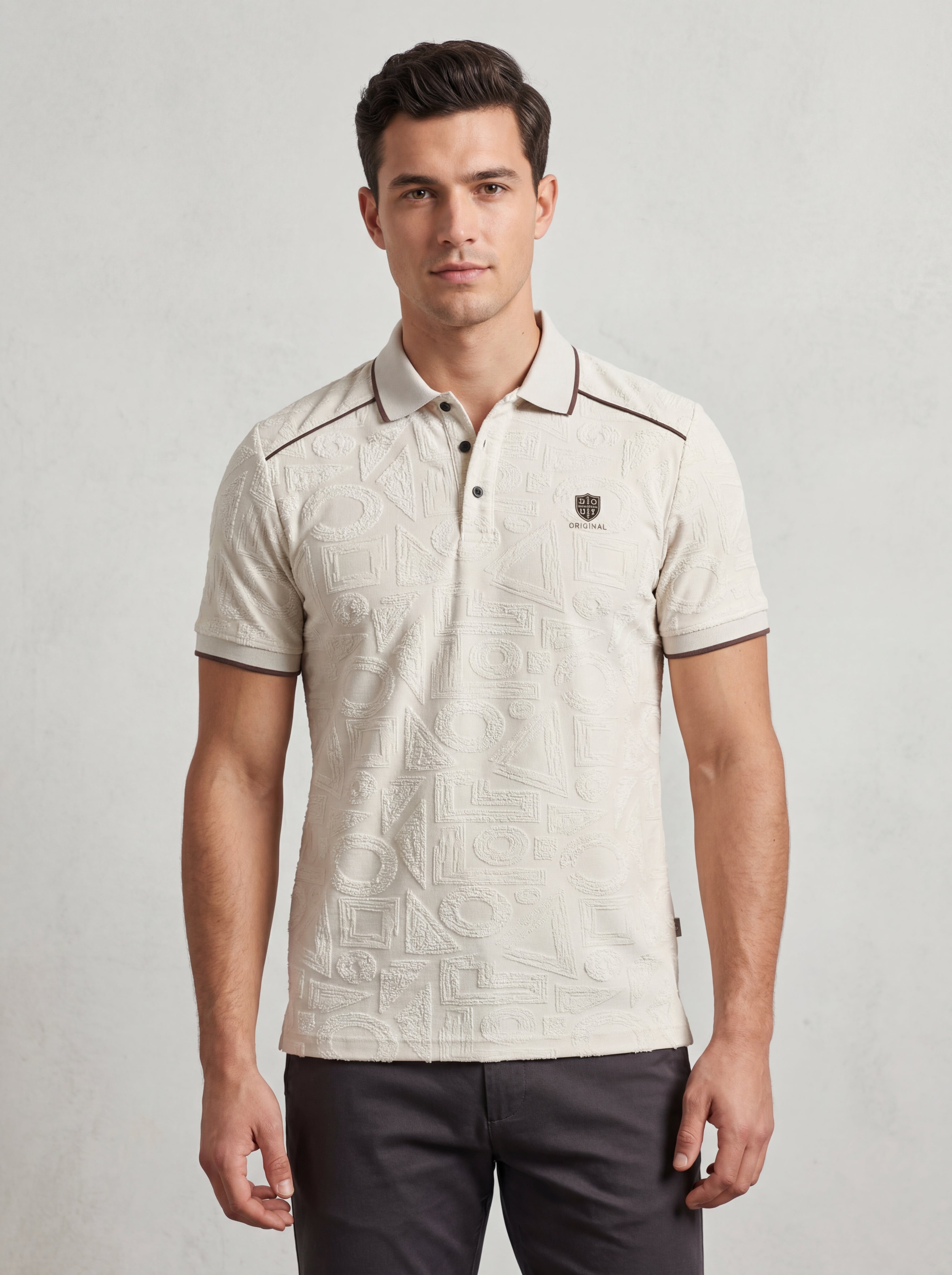 Bonnaty Geometric Textured Knit Polo Beige T-Shirt-3