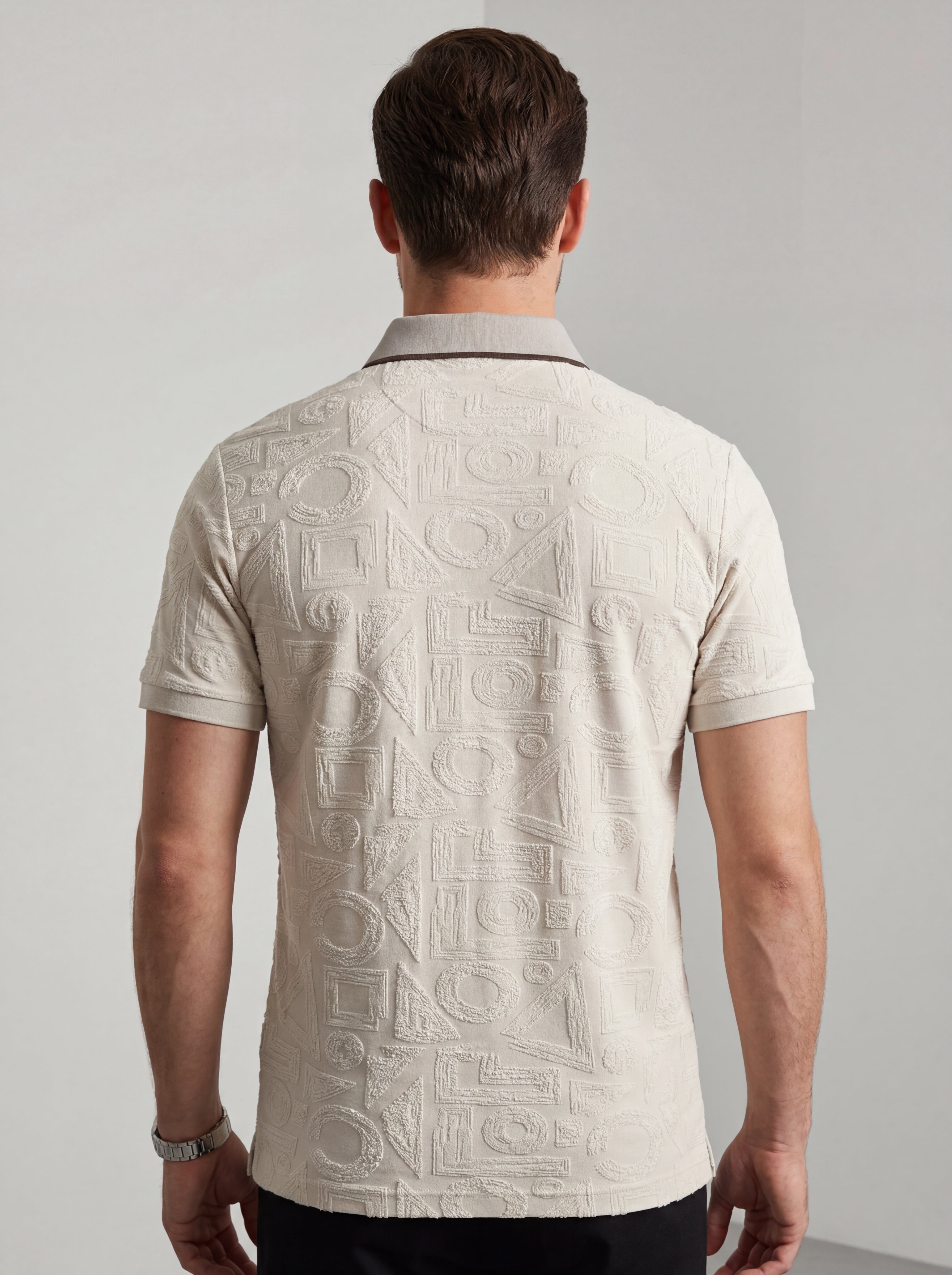 Bonnaty Geometric Textured Knit Polo Beige T-Shirt-6