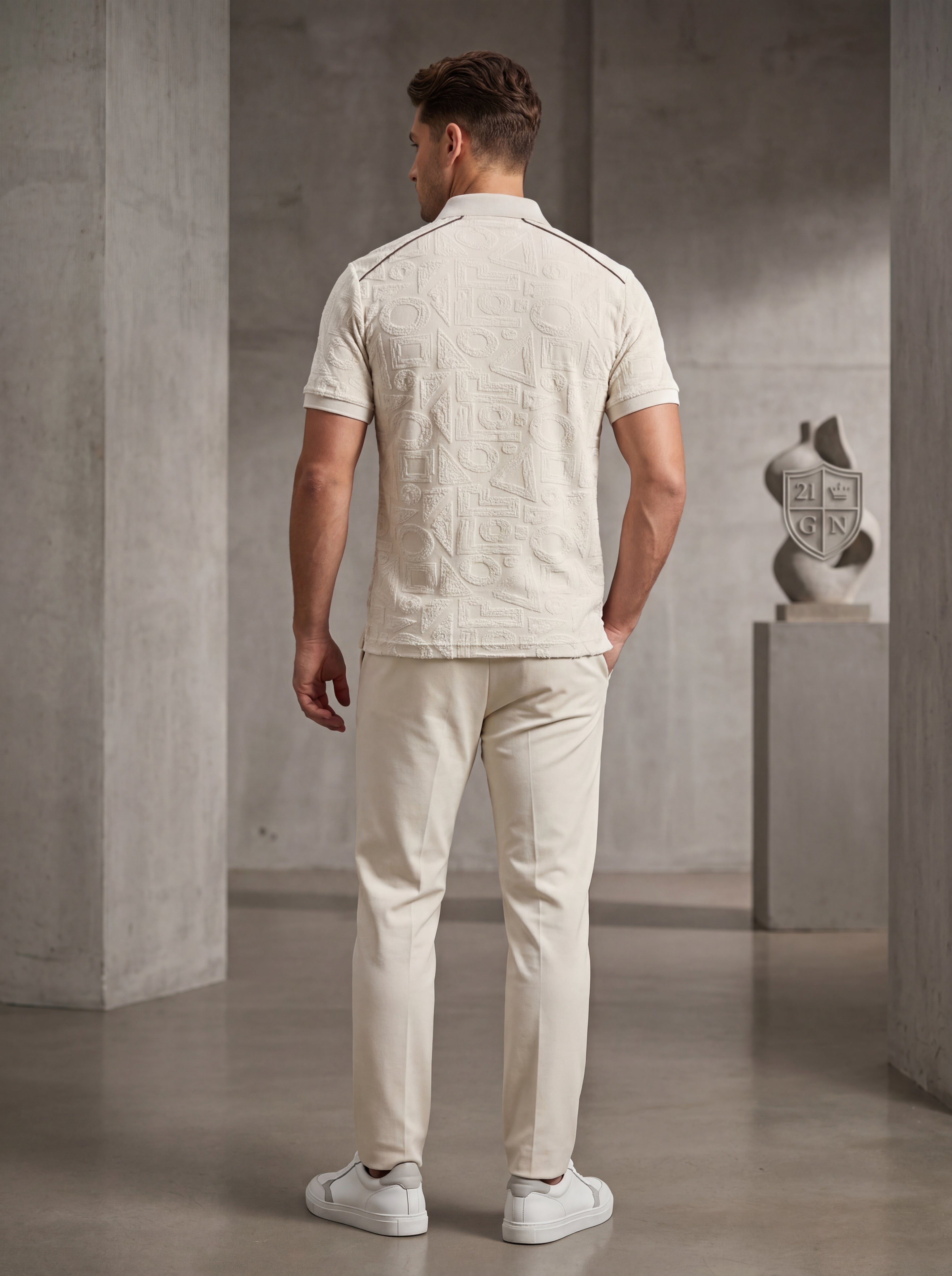 Bonnaty Geometric Textured Knit Polo Beige T-Shirt-5