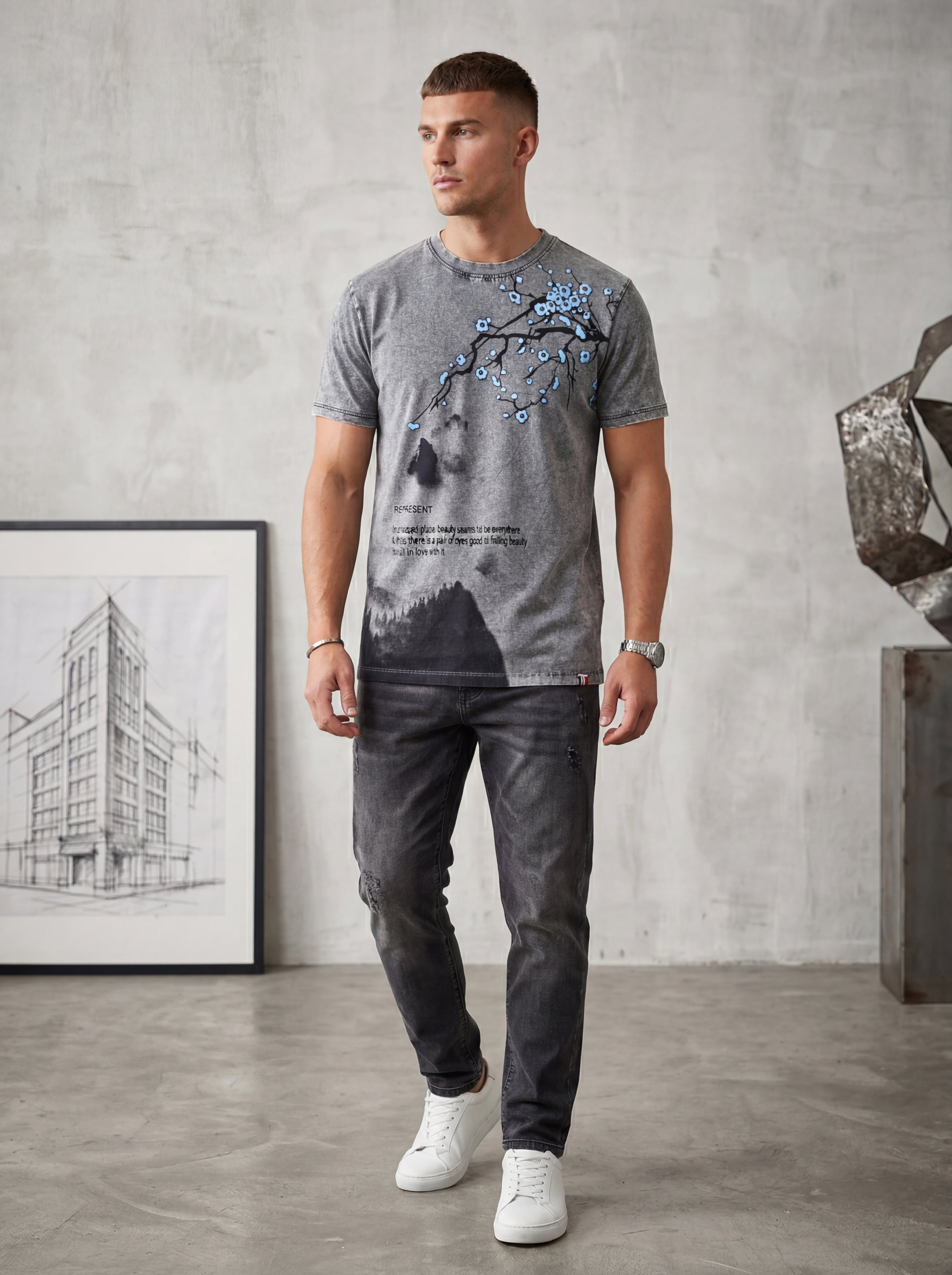 Men Acid Wash Shadow Blossom Graphic T-Shirt – Charcoal Grey-3