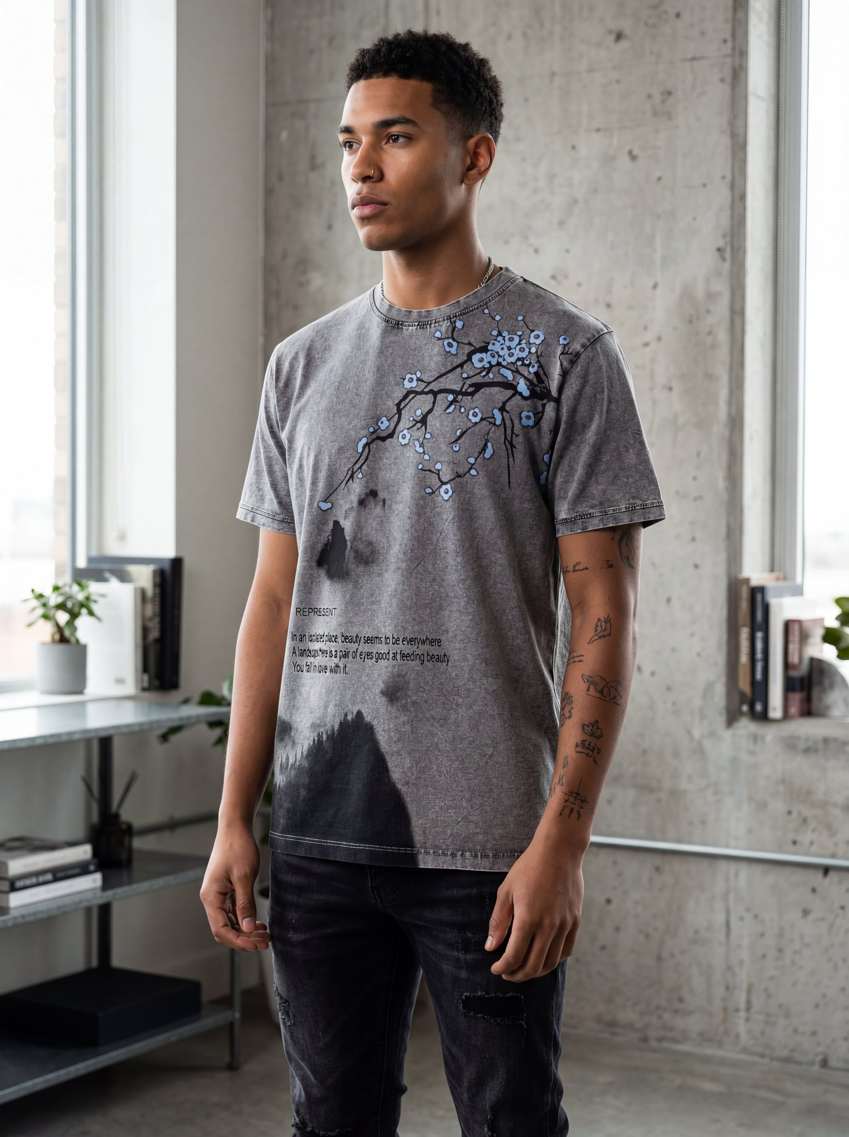 Men Acid Wash Shadow Blossom Graphic T-Shirt – Charcoal Grey-4