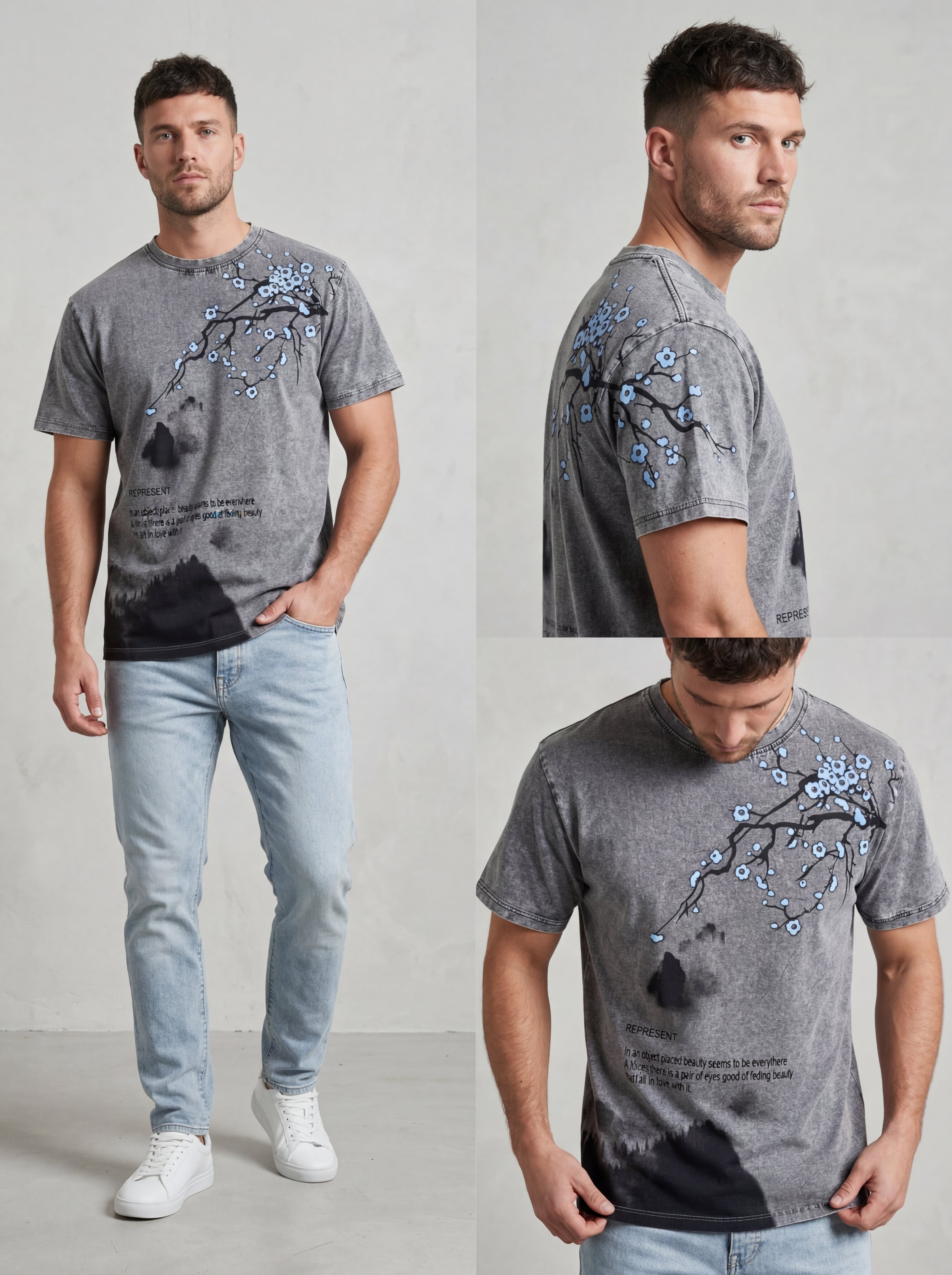Men Acid Wash Shadow Blossom Graphic T-Shirt – Charcoal Grey-5