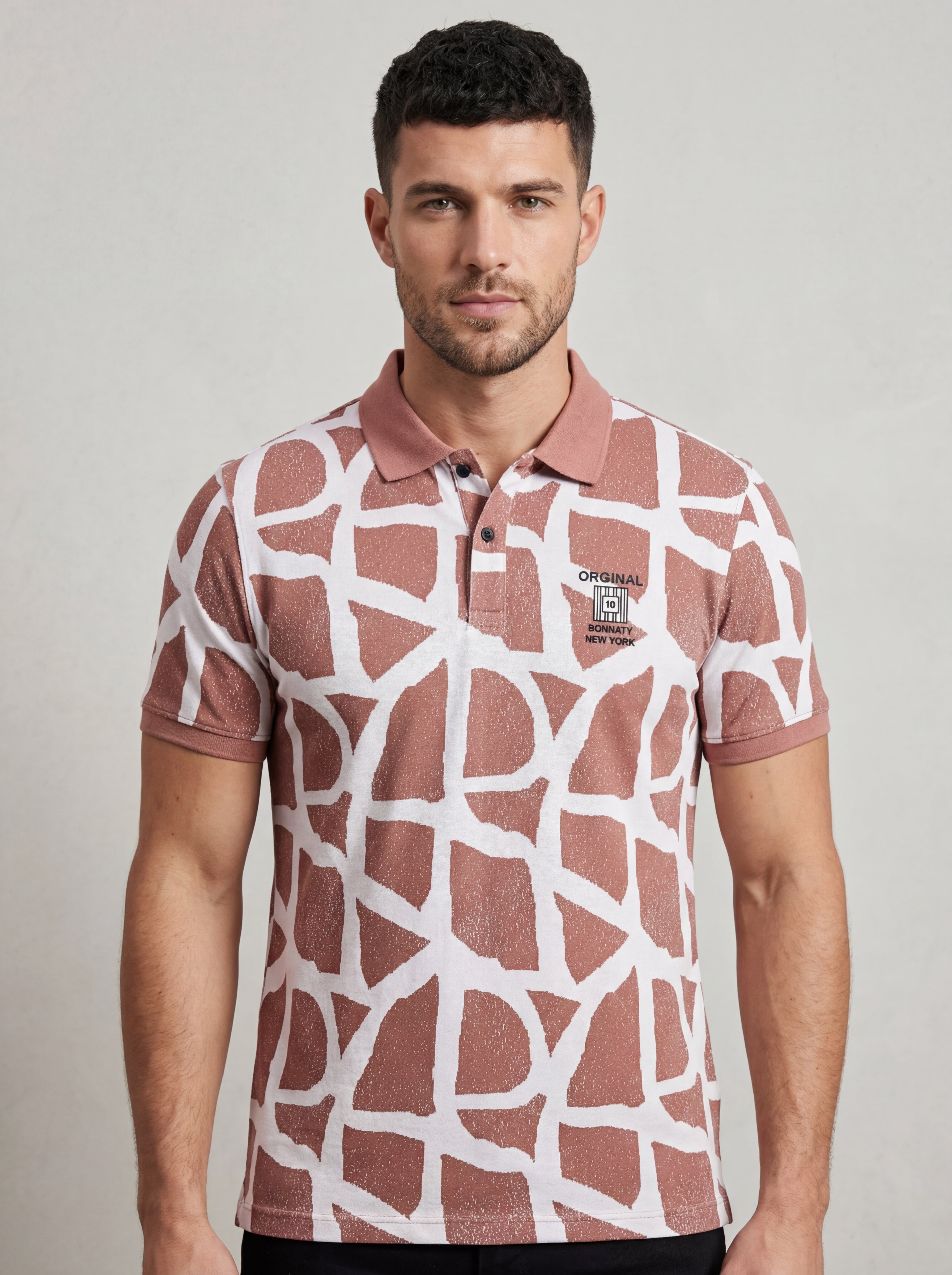 Men’s "Desert Mosaic" Geometric Polo – Rosewood & Ivory-3