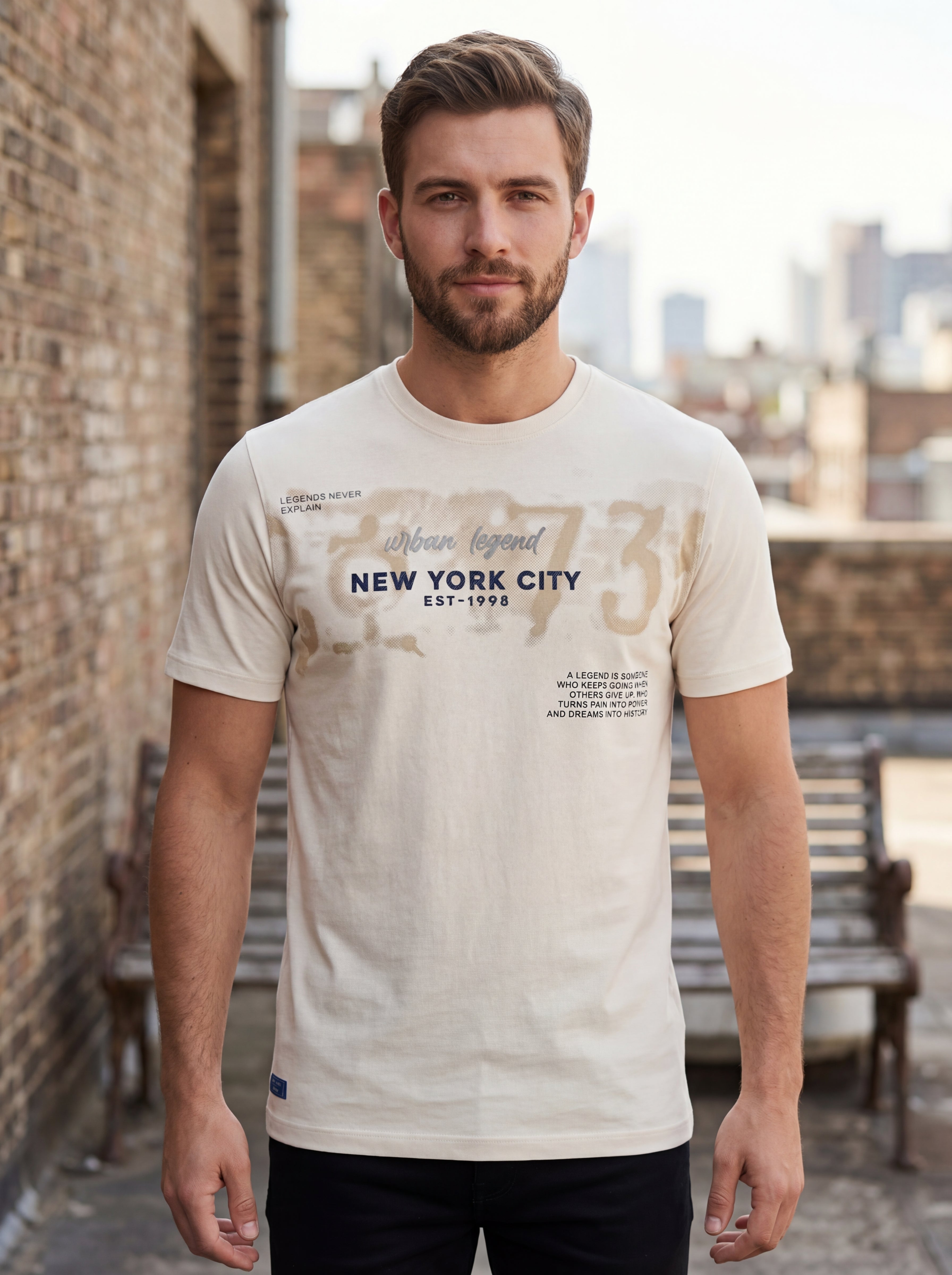 Bonnaty "Urban Legend" New York City Graphic Beige T-Shirt-5